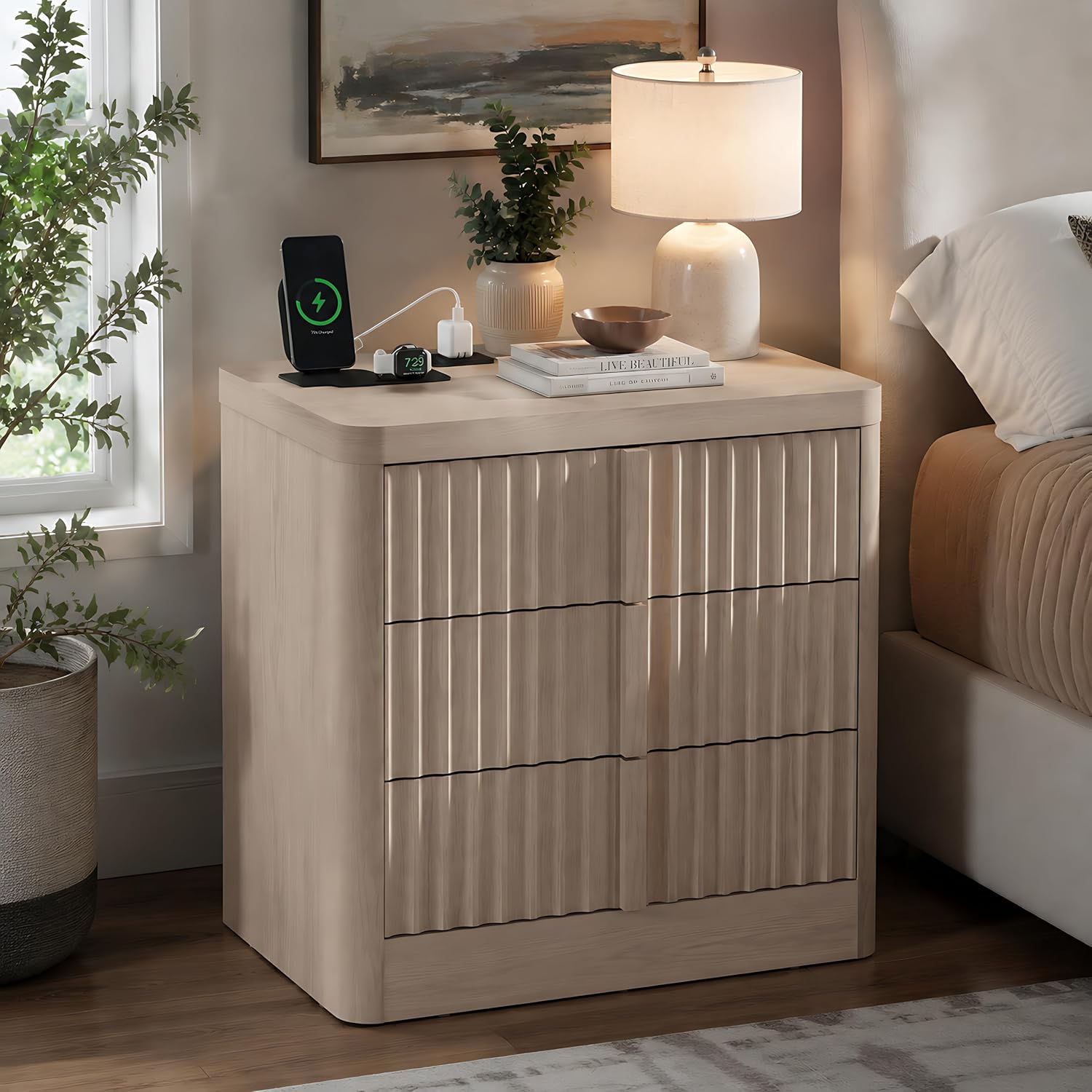 YANSNWO 23.6" Fluted Nightstand with Charging Station, White Alder