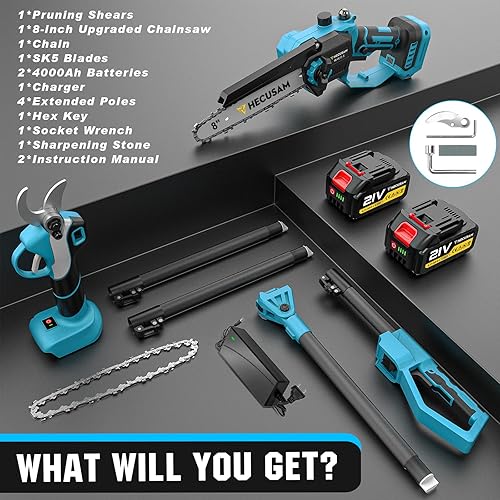 Miniatura 8 de Sierra de poste inalámbrica 4 en 1 y tijeras de podar eléctricas, mini motosierra de 8 pulgadas, motor sin escobillas, 2 baterías de 4.0 Ah, poste