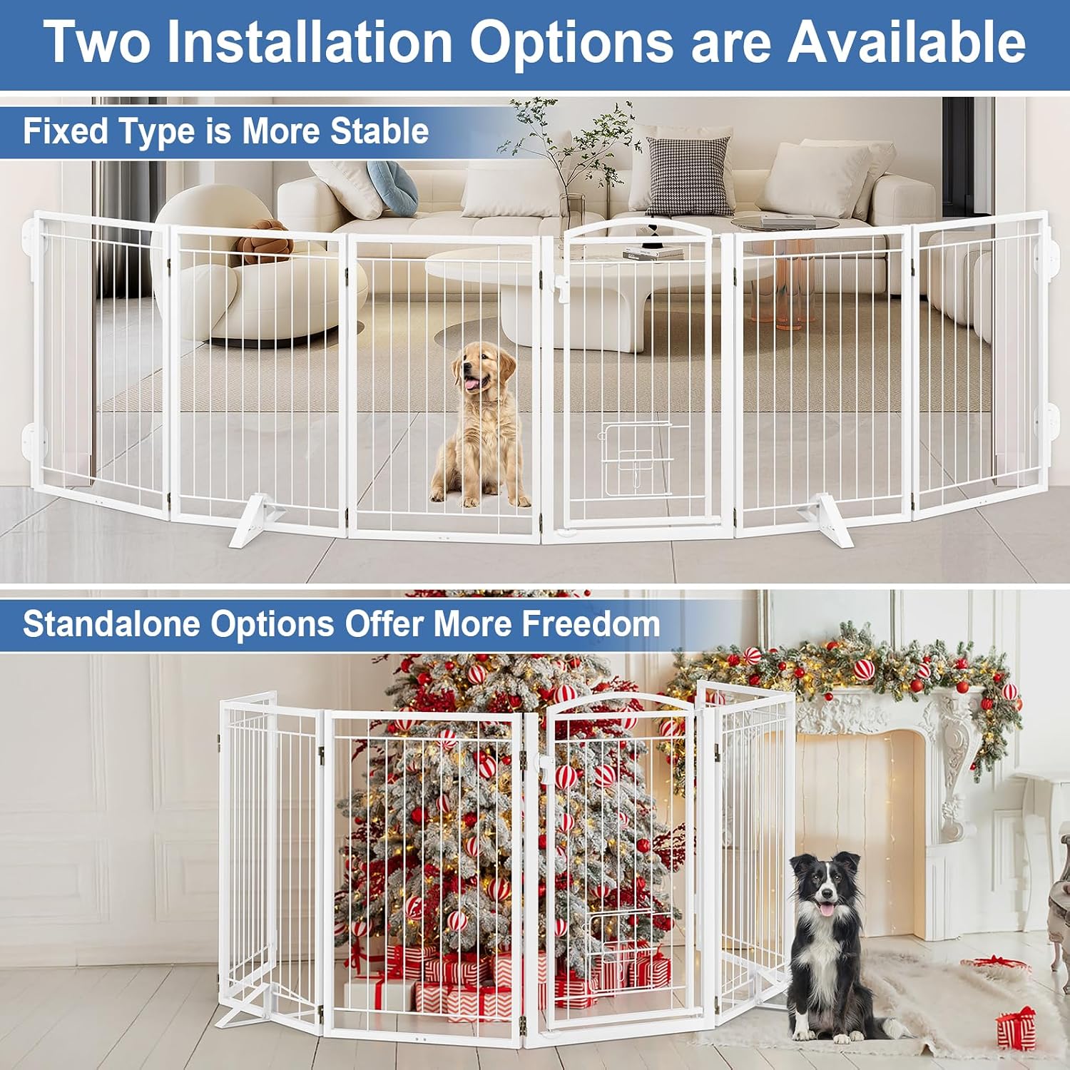 Metal Freestanding Dog Gate with Cat Door for Indoor&Outdoor,120" Extra Wide Foldable Pet Gate,32" Tall Foldable Indoor Dog Fence for Wide Openings Stairs,Deck,Yard,Doorways(6 Panels,White)