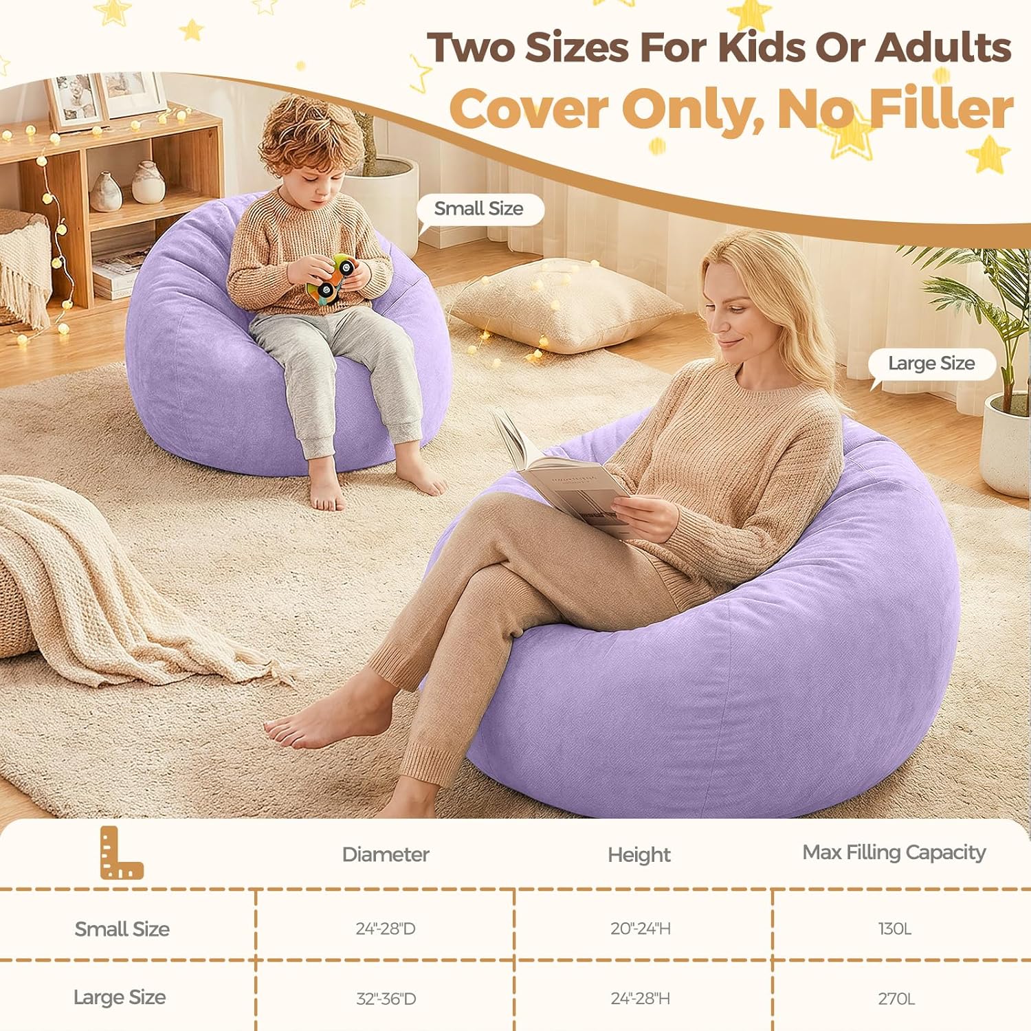 Stuffed Animal Storage Bean Bag Chair Cover for Adults (No Filler), Soft Comfy Velvet Beanbag Chair Cover Machine Washable, Adults Bean Bag Chair with Handle for Living Room Bedroom, Purple