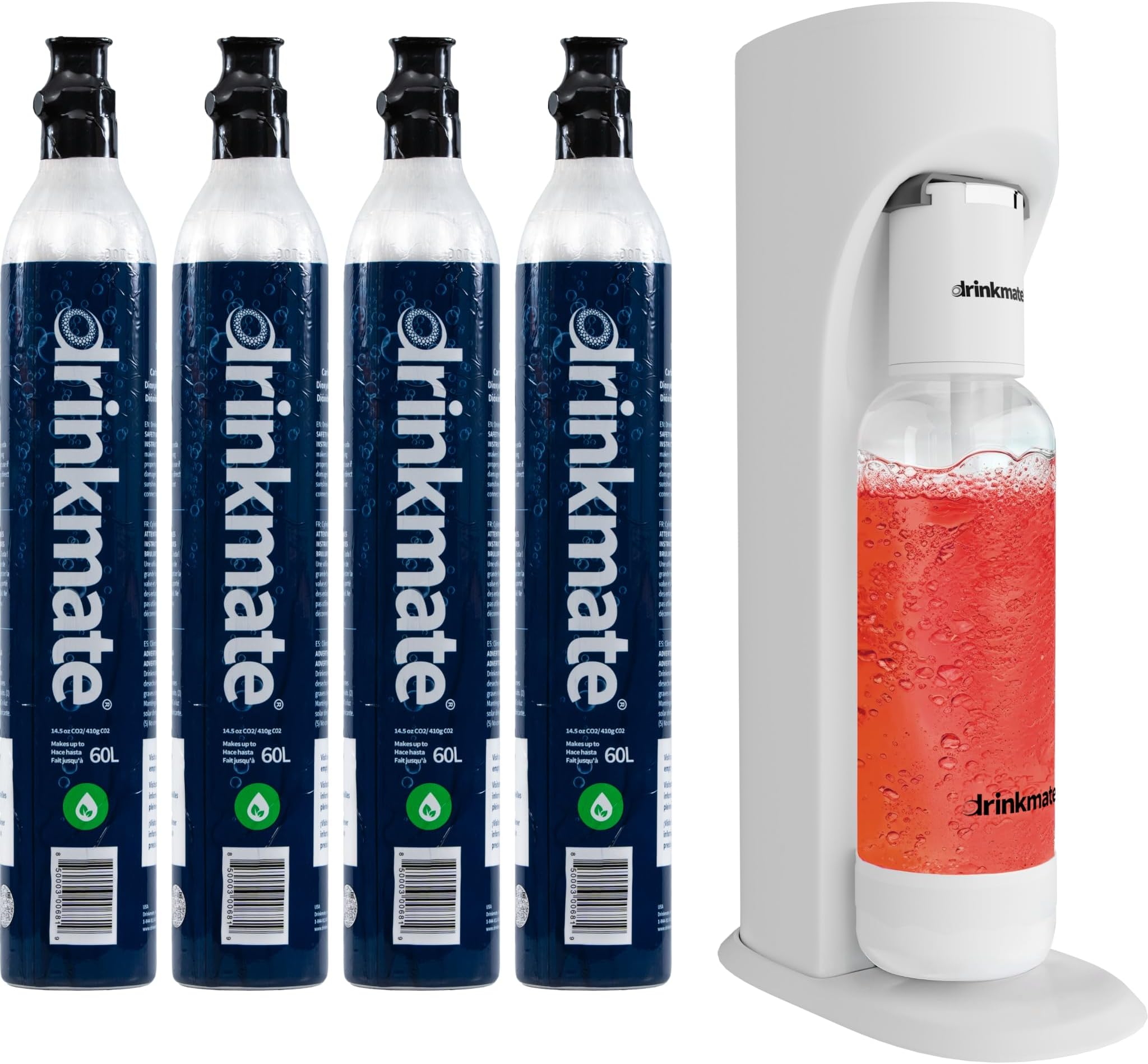 Drinkmate OmniFizz Sparkling Beverage Maker CO2 Bundle - Sparkling Water/Soda Streaming Machine That Carbonates Any Drink - Includes 4 CO2 Cylinders,1 Carbonation Bottle,1 Fizz Infuser - Classic White