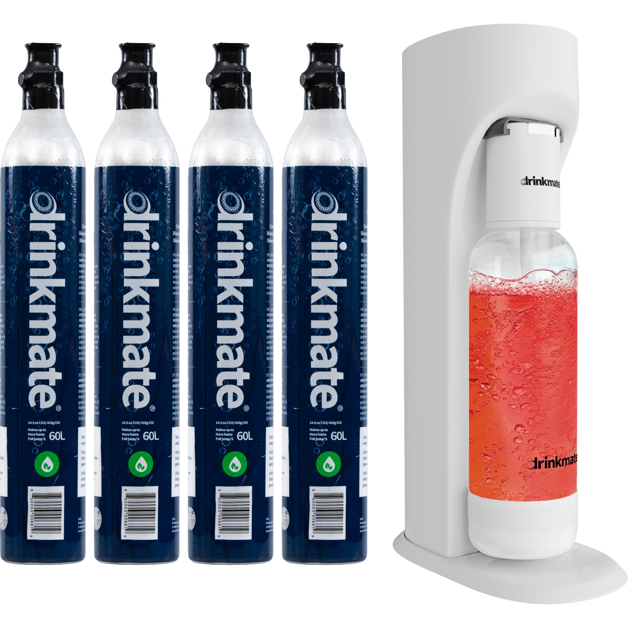 Drinkmate OmniFizz Sparkling Beverage Maker CO2 Bundle - Sparkling Water/Soda Streaming Machine That Carbonates Any Drink - Includes 4 CO2 Cylinders,1 Carbonation Bottle,1 Fizz Infuser - Classic White