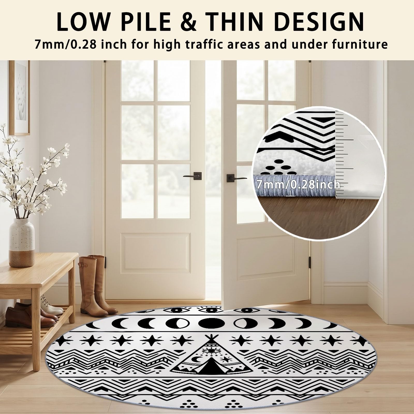 Générique Tapis Rond 245 cm Antidérapant, Phases De Lune Bohèmes & Motif Œil Tapis Salon Rond Lavable en Machine Espace Art Moelleux pour Chambre À Coucher, Blanc