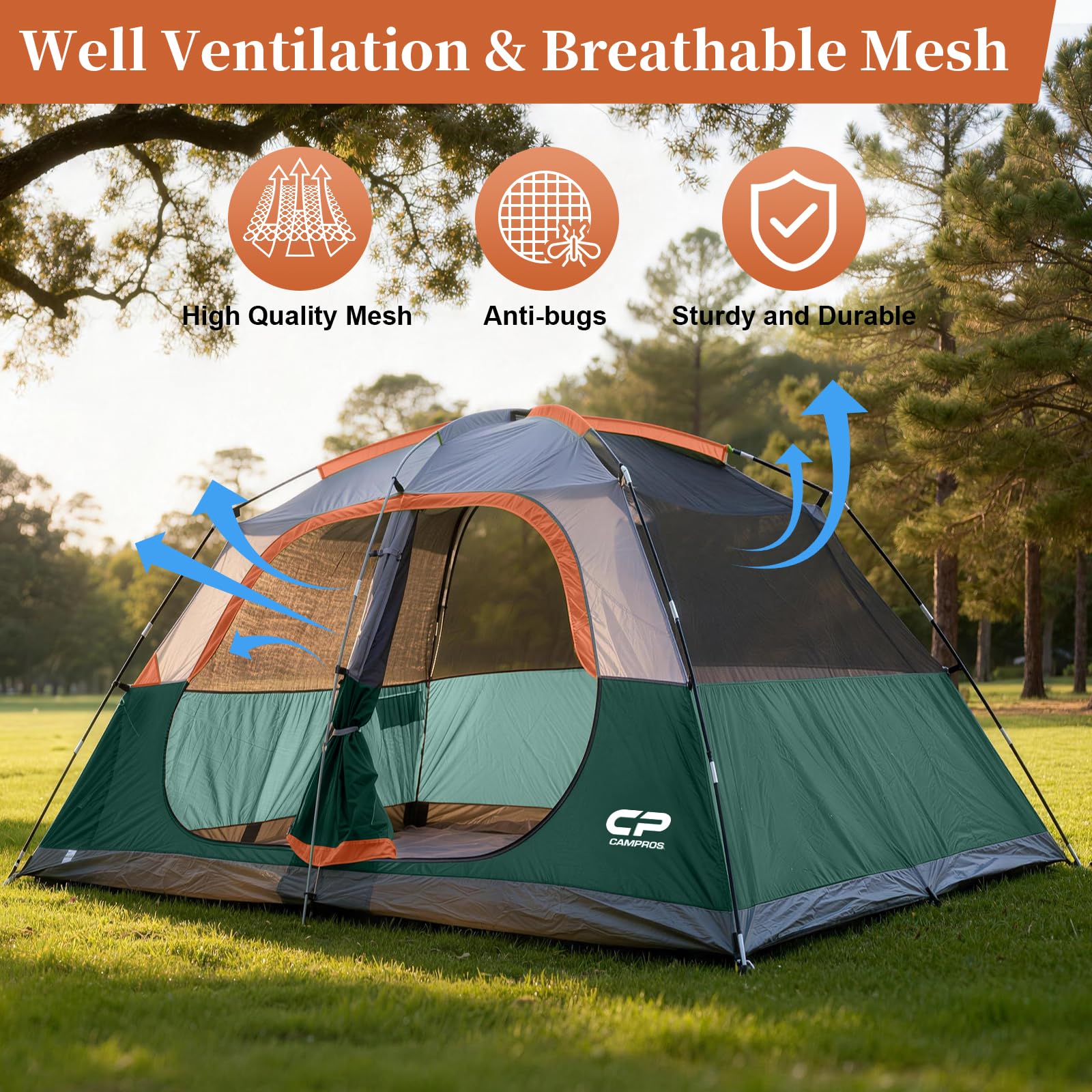 CAMPROS CP Tienda de Camping 6-8 Personas, Tienda Familiar Grande Impermeable y Resistente al Viento, Tienda Domo Doble Capa con Ventanas de Malla, Montaje Rápido, 4 Estaciones con Doble Techo y Bolsa