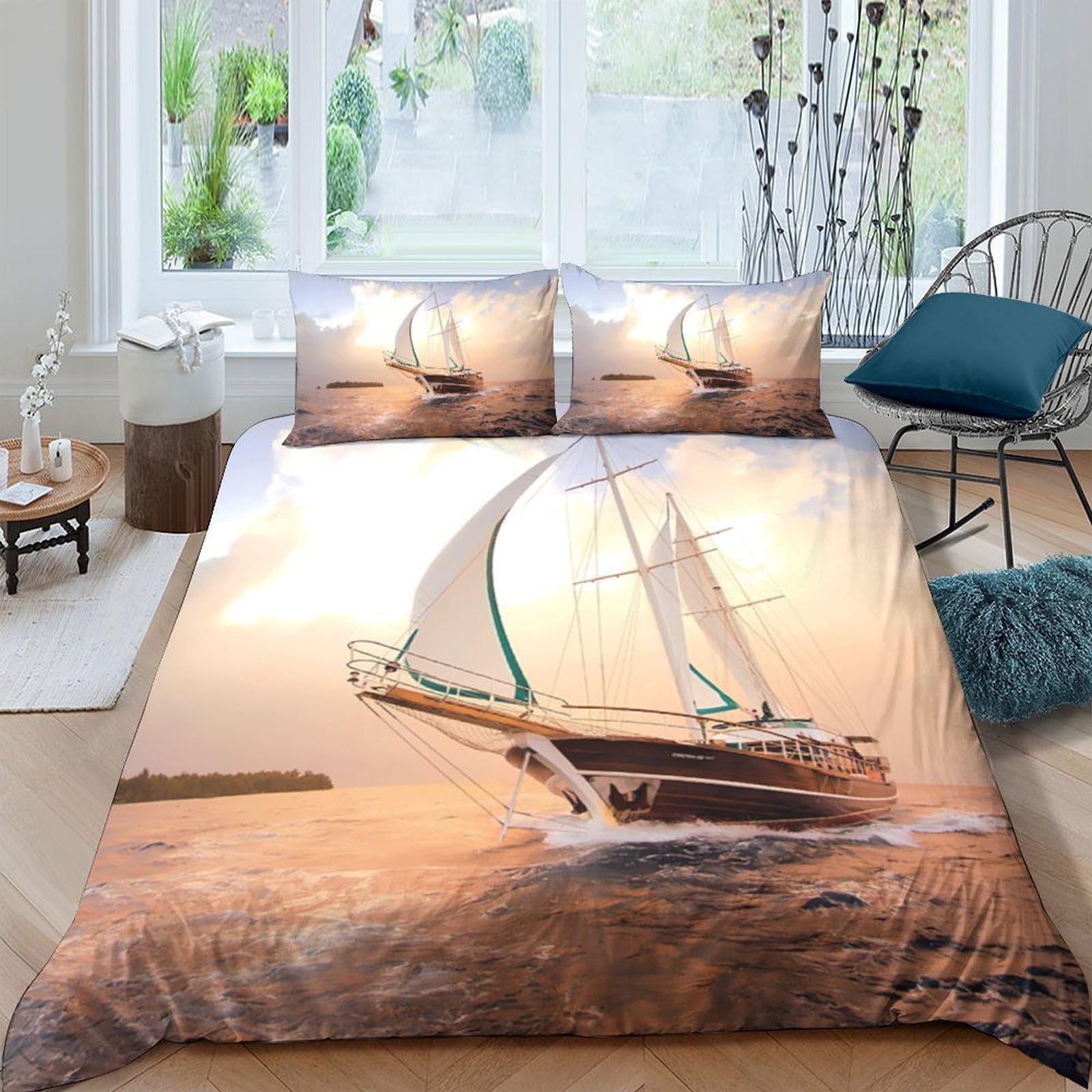 Ctjqhvkz Style-6 3D Printed Sunset Sailboat Fitted Sheet Microfiber Soft Mattress Cover Nautical Decor For Bedroom Guest Room Single（135X200cm）