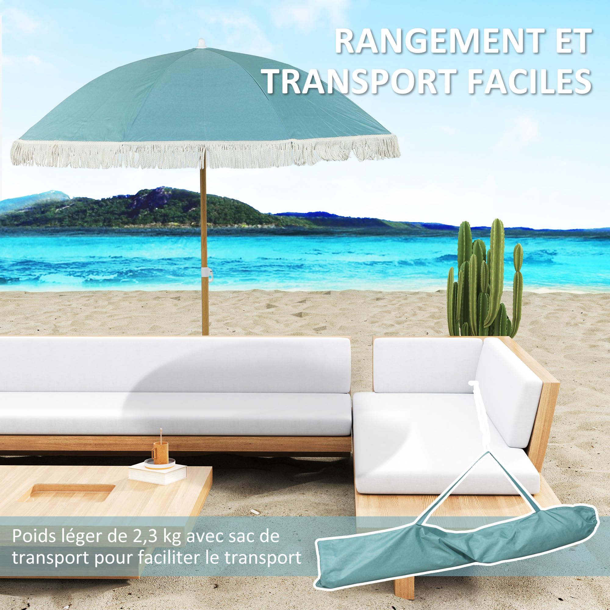 Outsunny Parasol de plage mât effet bois Ø 1,7 m, grand parasol à franges réglable en hauteur, avec protection solaire UPF50+, légère sac de transport inclus, bleu clair