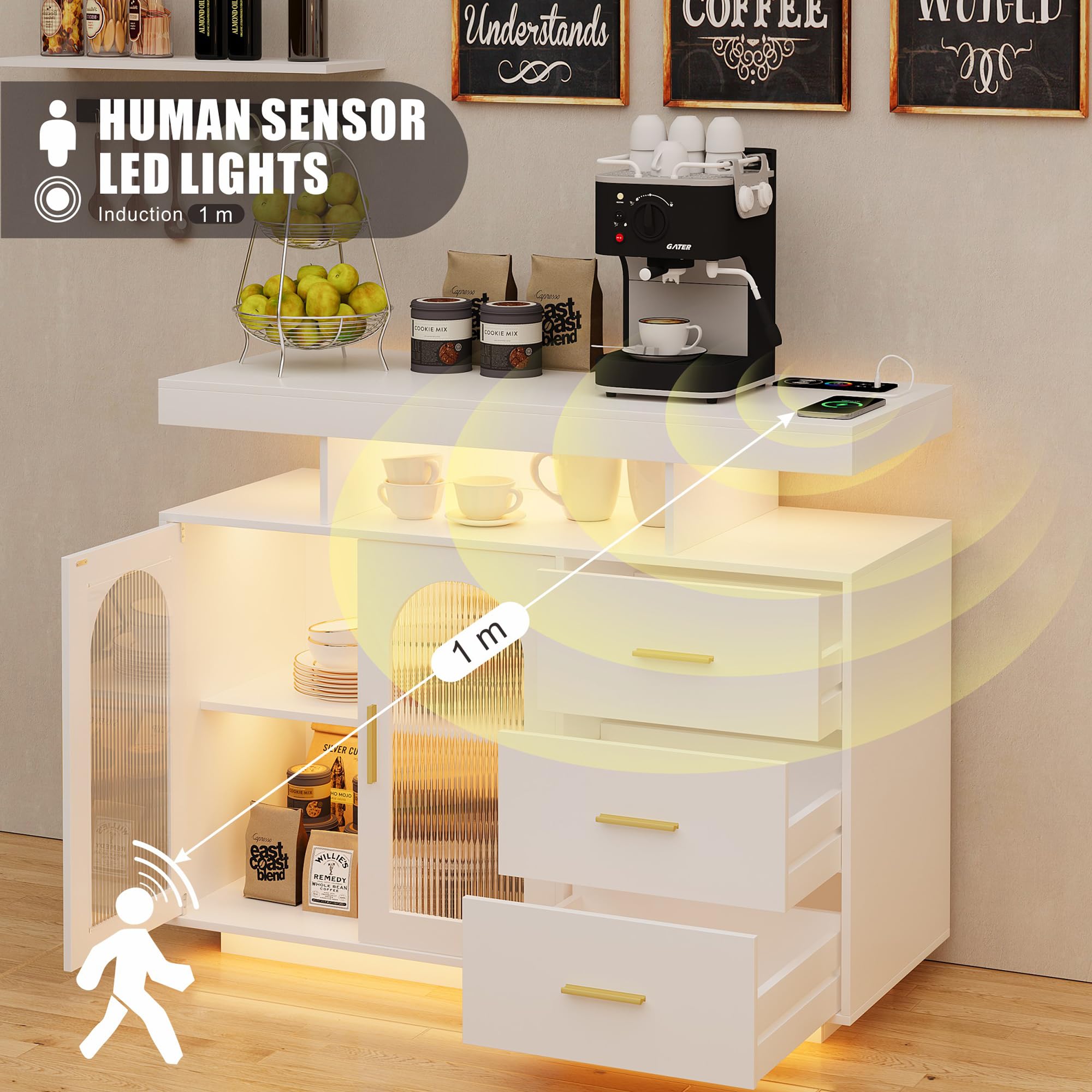 FREDEES küchenschrank Sideboard mit 3 Schubladen, Buffetschrank mit Auto-Sensor 20 Farbe Lichter Konsolentisch mit Ladestation, Touch Control Konsole Kaffee-Bar-Tisch für Küche, Esszimmer (weiß)