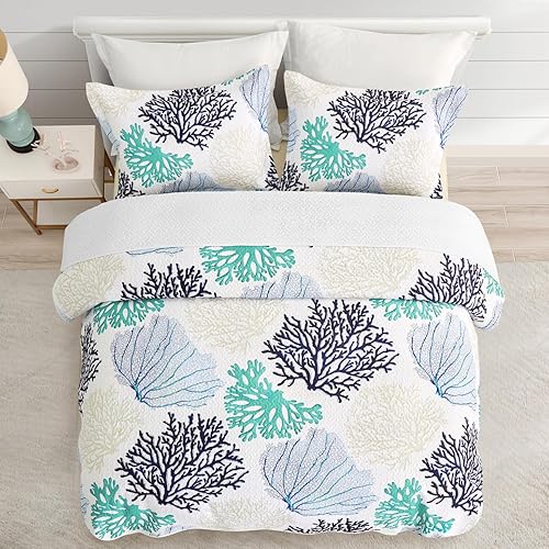 Miniatura 6 de Juego de edredón costero de 3 piezas, color azul, verde azulado, coral, ropa de cama náutica, ropa de cama náutica, ropa de cama ligera y reversible