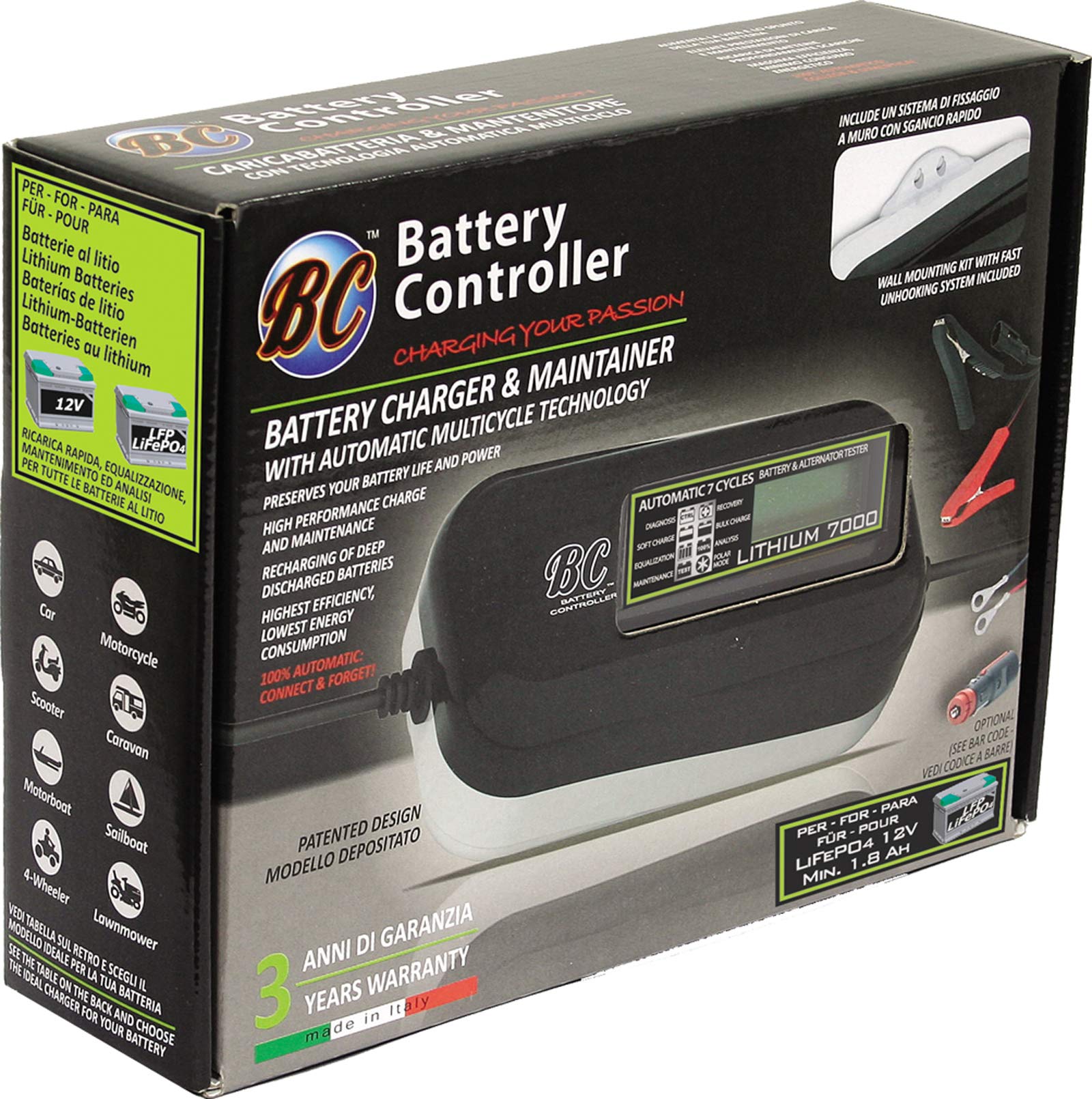 BC LITHIUM 7000 - 12V 7A - Cargador y Mantenedor de Carga Automático y Digital para Baterías de litio/LiFePO4 + Comprobador de Batería y Alternador