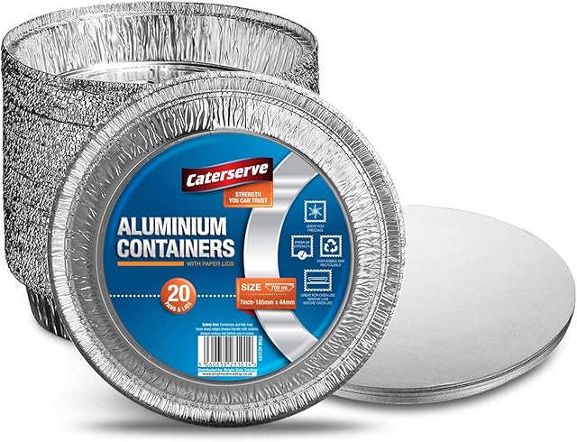 Aluminium Containers  20 pcs Foil Flan Cases with Paper Lids  Durable and Food-Grade Foil Pie Cases  Oven and Freezer Safe Flan Case Set  7 inch-18cm Foil Baking Trays