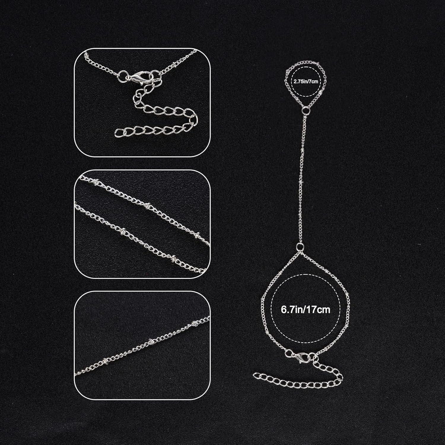 Silver Dainty Ring Bracelet Hand Chain Bracelet Satellite Bead Paperclip Hand Chain Adjustable Trendy Simple Fashion Body Jewelry Waterproof Gifts for Women - Image 2