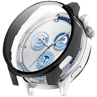 هيكل حماية مع شاشة حماية لساعة هواوي GT5 46 ملم، هيكل حماية كامل من البولي كربونات الصلب بتغطية كاملة، هيكل حماية مدمج من الزجاج المقوى عالي الحساسية لهواوي GT4 46 ملم من دلع موبايلك (أسود)