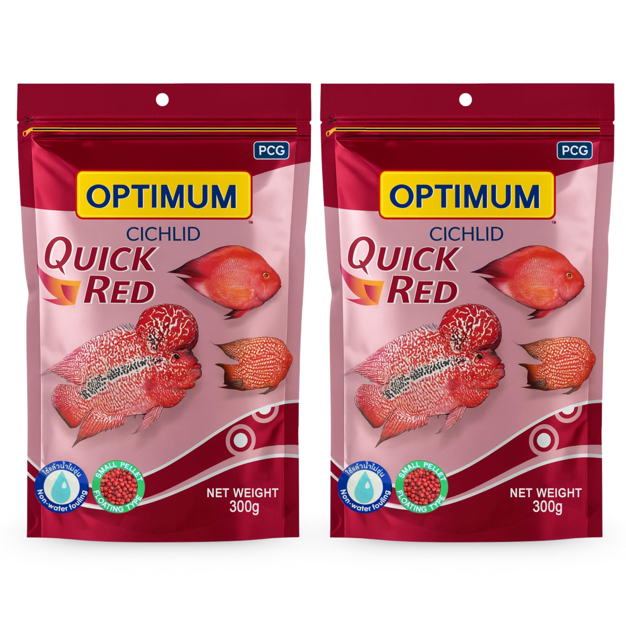 Optimum Cichlid Quick Red Small Pellet Fish Food 300gm - (Pack of 2) | Highly Digestible & Added with Fish Meal, Corn Gluten Meal & Fish Oil | High Protein Feed | with Free Key Ring