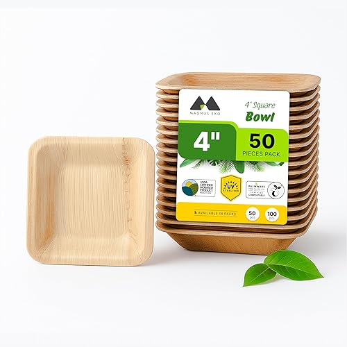Tazón cuadrado de hoja de palma de 4 pulgadas (50 piezas) cuenco desechable de bambú como paquete de fiesta, cuencos compostables y biodegradables