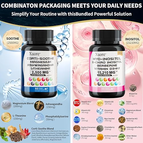 Miniatura 2 de Paquete de suplemento de cortisol y mio-inositol con ashwagandha, magnesio, l-teanina, d-chiro inositol, folato, berberina, casteberry para aliviar