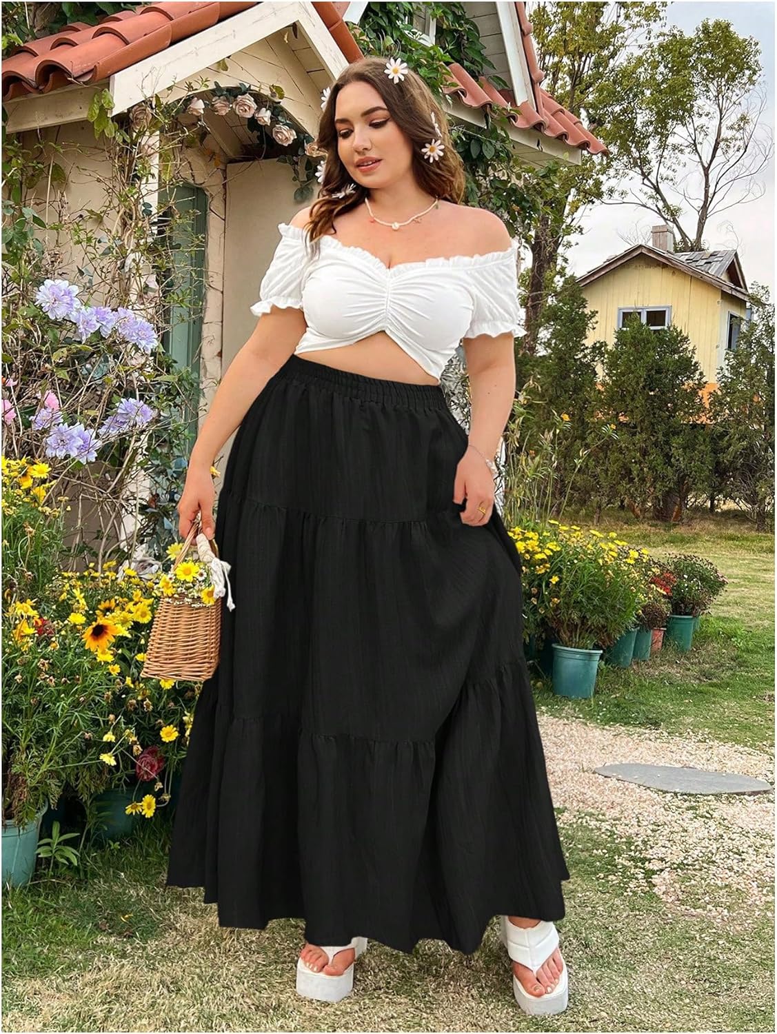 MakeMeChic Women's Plus Size Boho Ruffle Tiered Maxi Skirt - Elastic Waist A-Line Long Skirt For Curvy Women