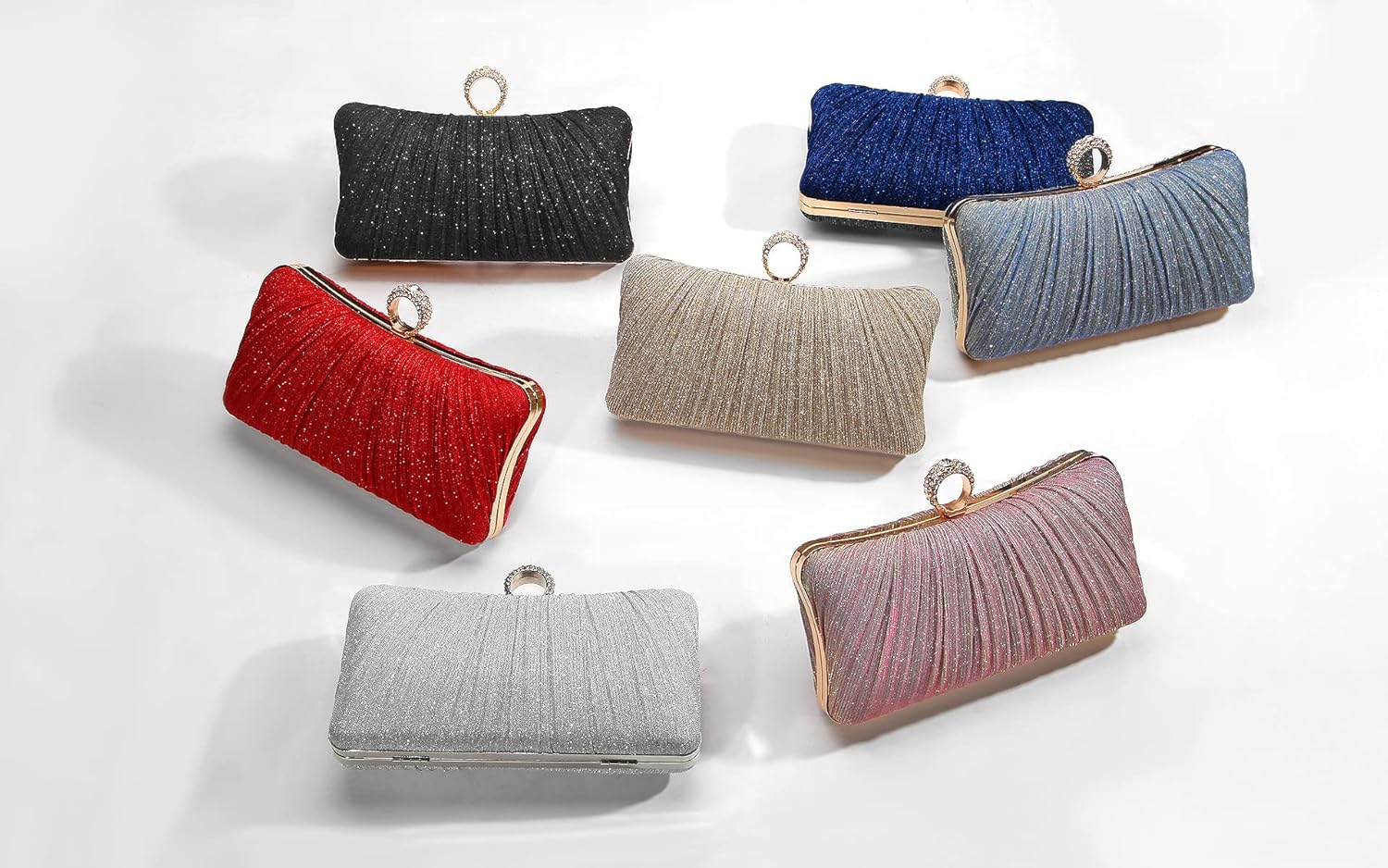 Womens Golden Glitter Clutch Purse Pleated Evening Bag for Bridal Wedding Party with Rhinestone Ring - Image 8