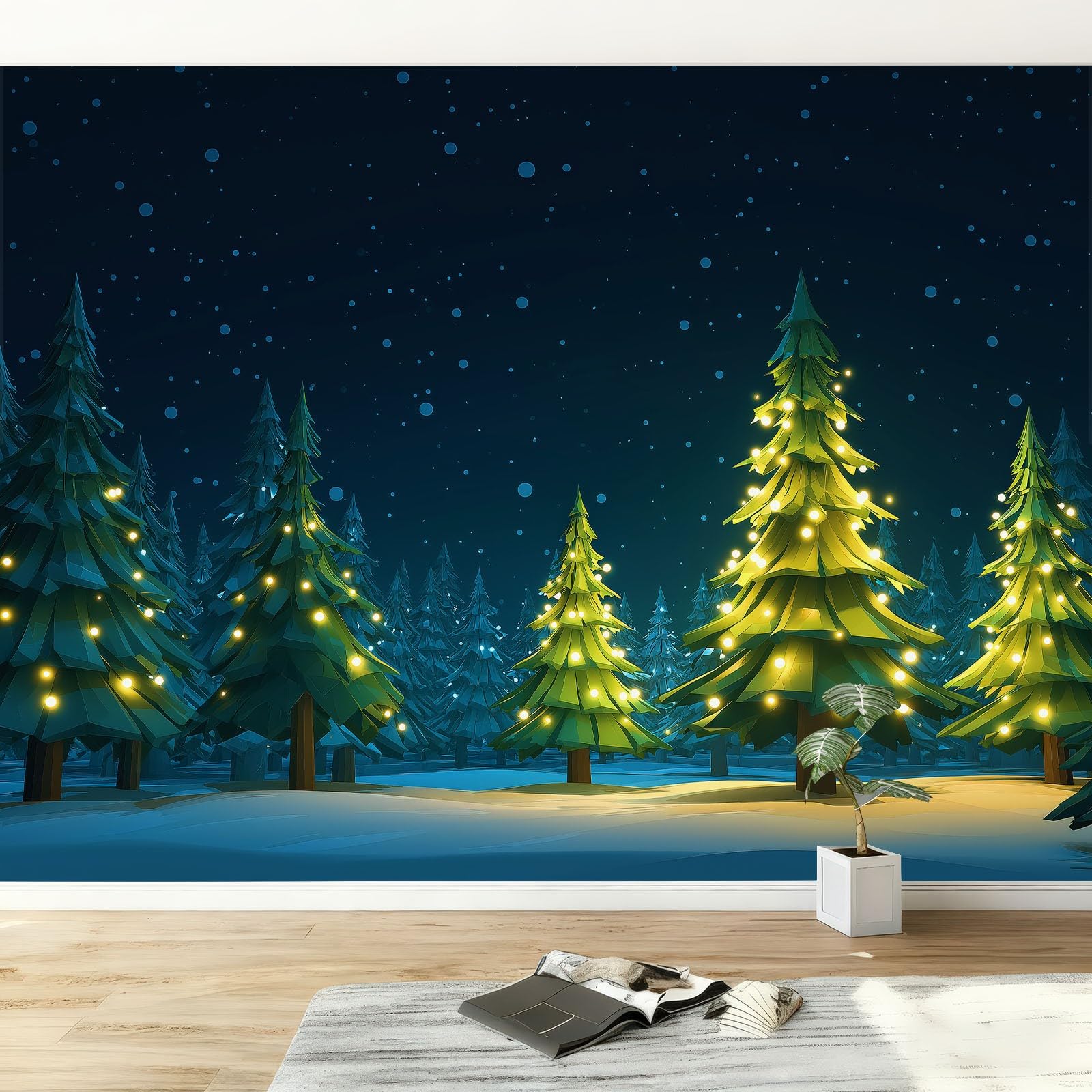 Panoramiczna tapeta krajobraz śnieżny las brzozowy zielony las, nowoczesne zdjęcie ścienne 250 x 175 cm - tapeta dekoracja domu z kreskówek do salonu pokoju dziecięcego biura