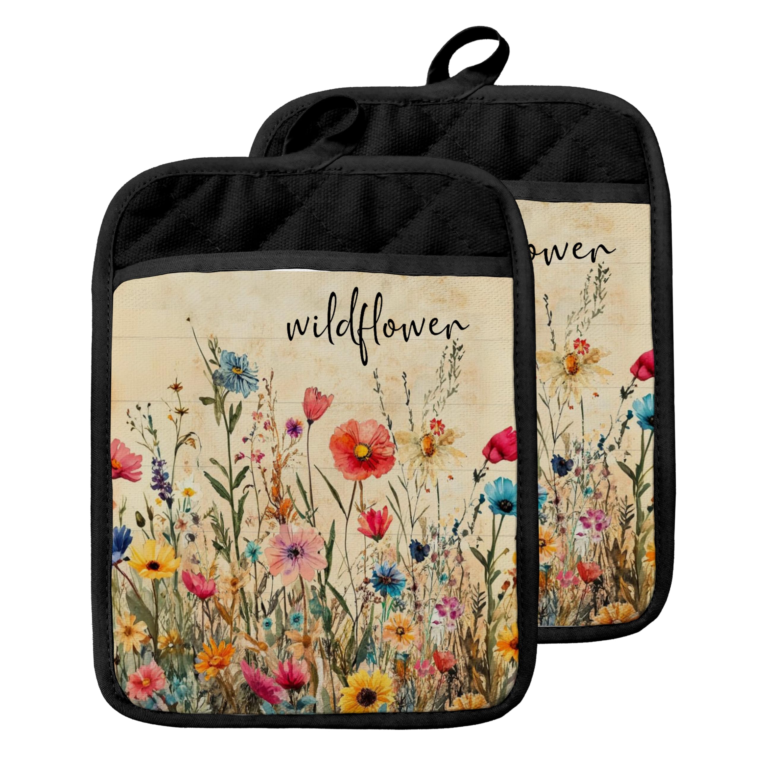 Topflappen mit Taschen, rustikaler Cottagecore, Vintage-Stil, Blumenmuster, botanische Ofen-Topflappen, hitzebeständige Ofenhandschuhe, heiße Pads für Küche, Backen, Kochen