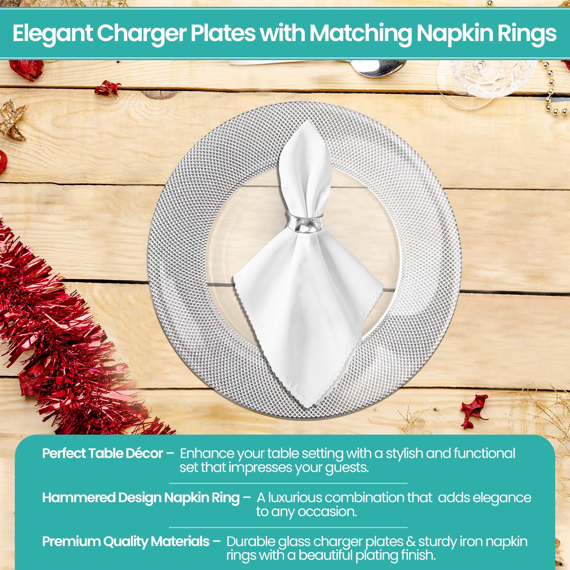 Trimming Shop - Piatti di carico in vetro da 33 cm con porta tovaglioli abbinati a quadri argentati e martellati, confezione da 6 per matrimoni, banchetti, compleanni, cene, catering e forniture per