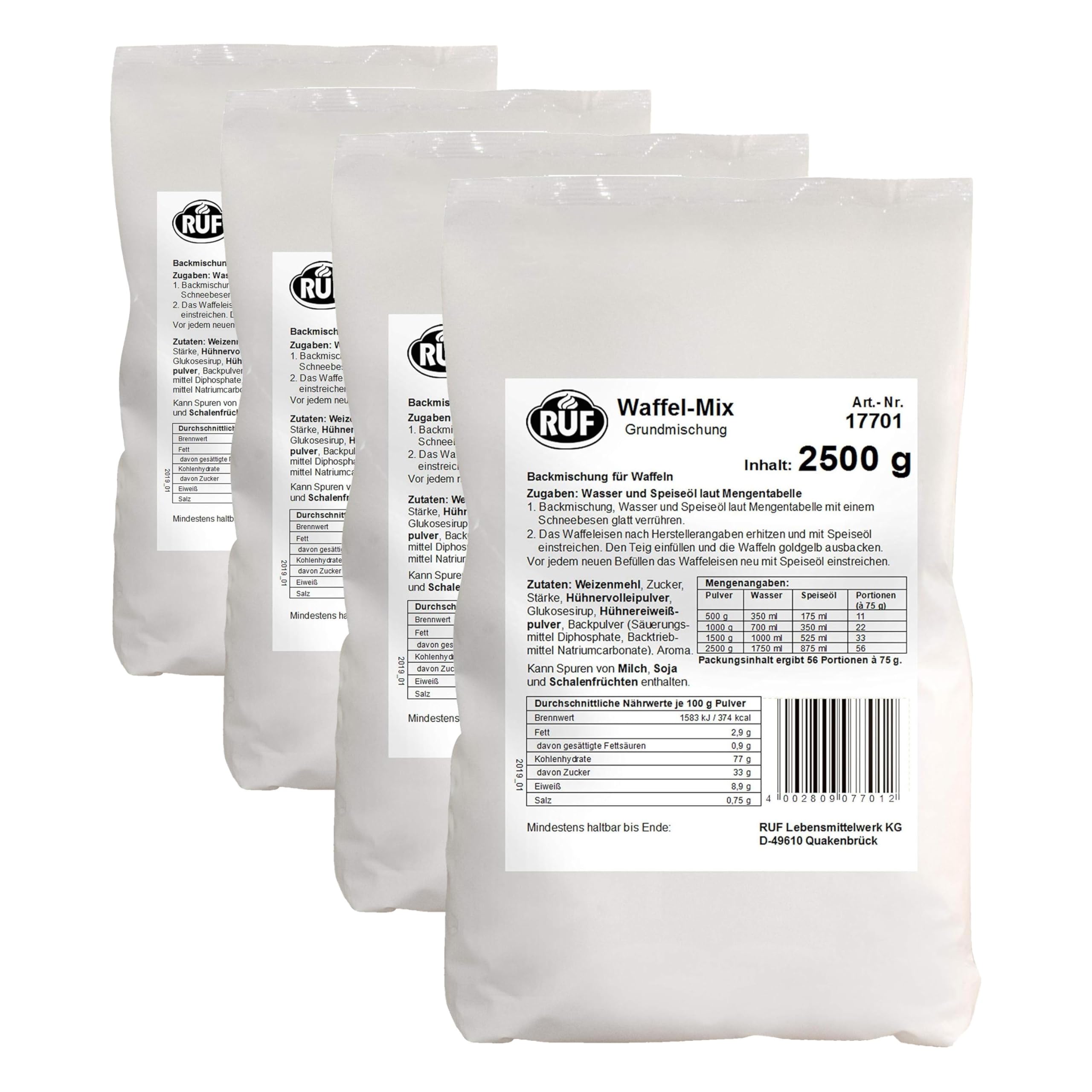 RUF Waffel-Mix, Großpackung, Grundmischung zur Herstellung von Waffeln im Waffeleisen, für Großküchen, Kantinen, Hotels und Restaurants, 1 x 2500g (Packung mit 4)
