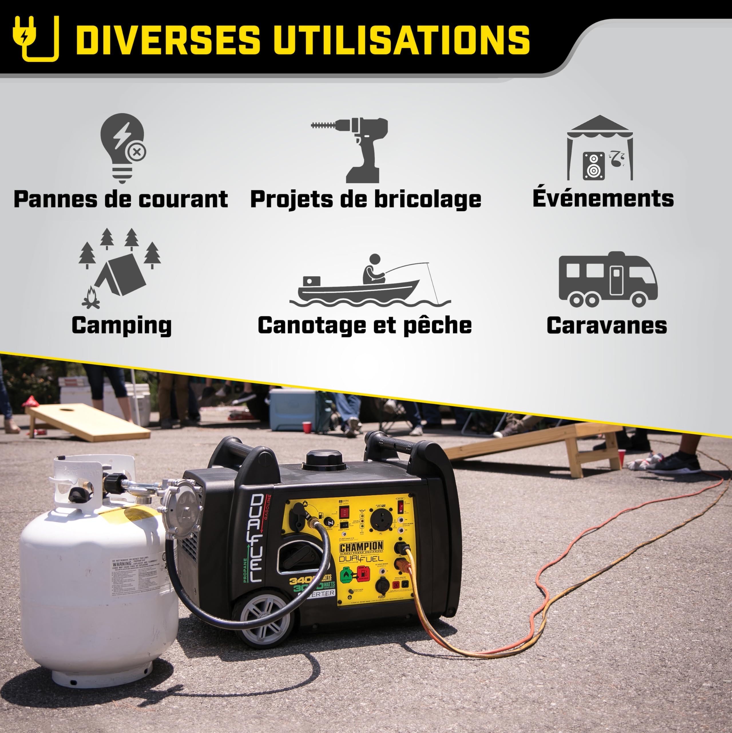 Champion Power Equipment 73001i-DF-EU Groupe électrogène mobile essence + gaz (3100 W, inverseur portable, extrêmement silencieux, avec poignée intégrée et jeu de roues, idéal pour l'extérieur +
