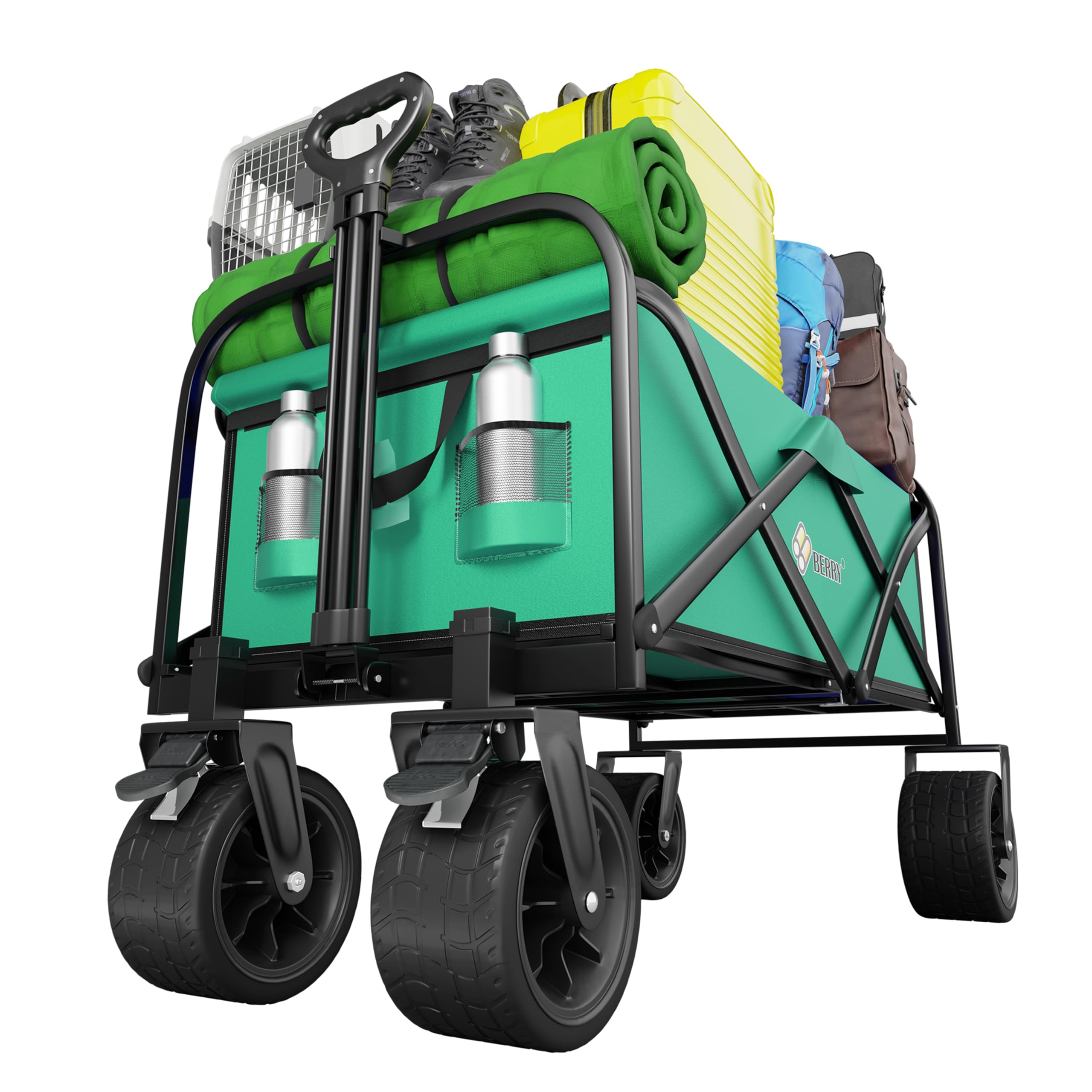 Berry 150L Festival Trolley on Wheels | Folding Camping Wagon Trolley with Wheels | 330lbs Heavy Duty Collapsible Utility Cart for Beach, Festivals, Garden, Picnic, Shopping, Fishing & Camping - Green