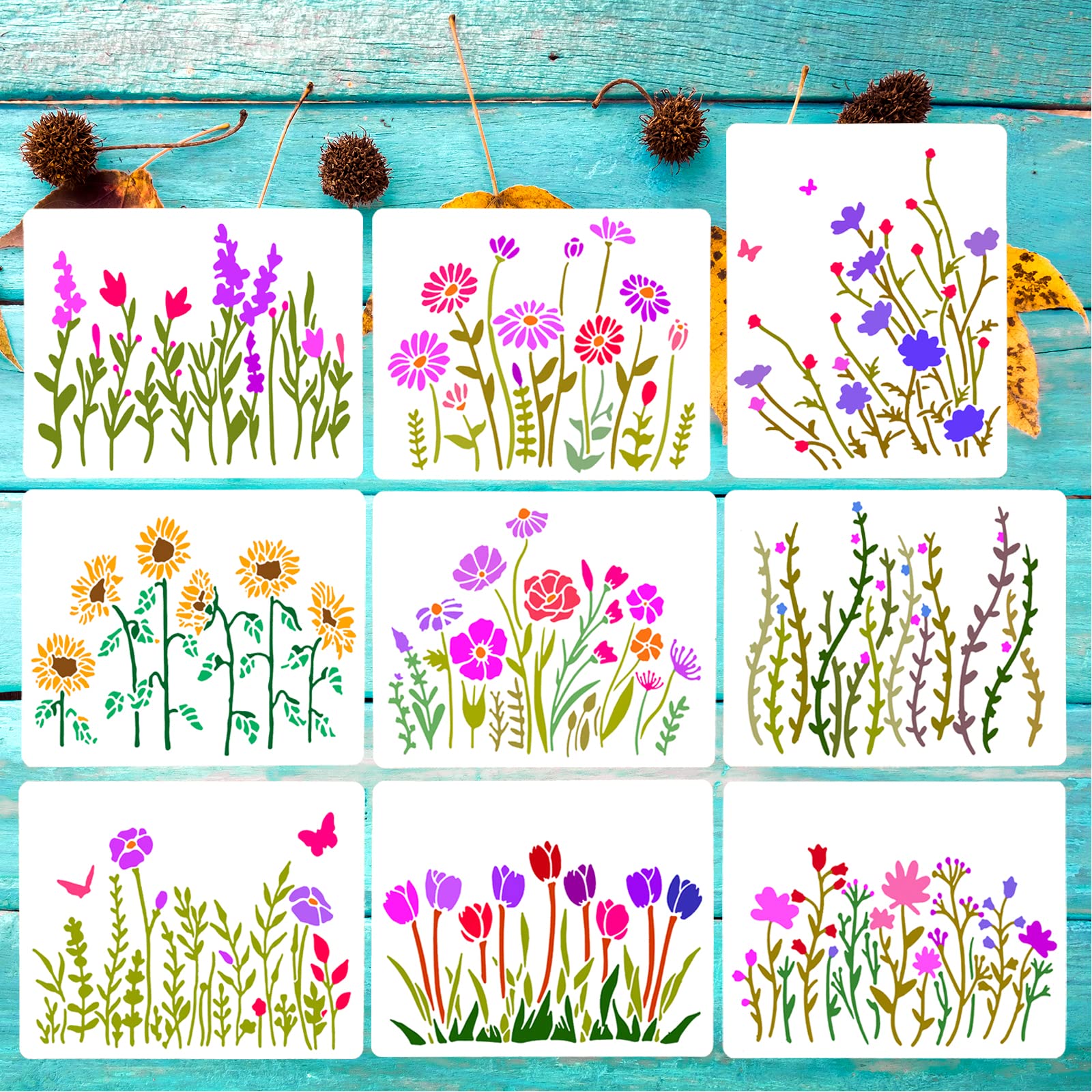 9 Pieces Flower Stencils Reusable Wildflower Stencil Sunflower Daisy Tulip | Desertcart