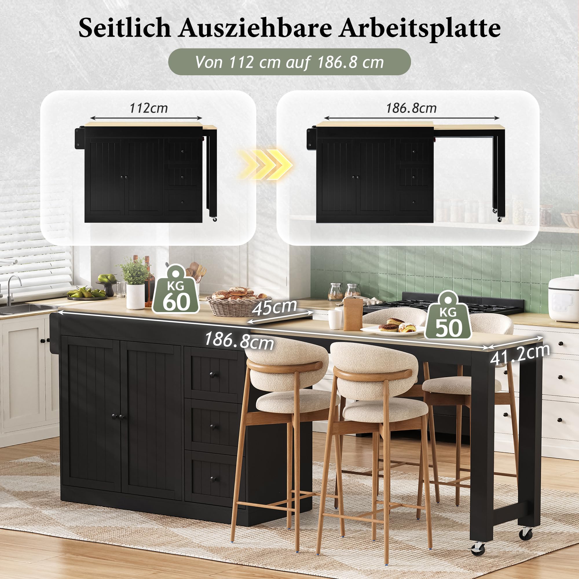 Kücheninsel auf Rollen mit ausziehbarer Arbeitsplatte, Mobile Kücheninsel mit Schubladen & Gewürzregal, freistehender Küchenwagen, platzsparend für kleine Küche & Esszimmer (Schwarz)