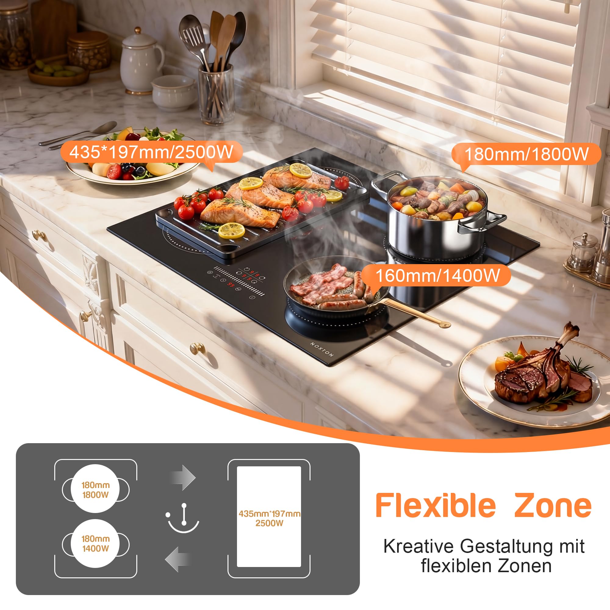 NOXTON Induktionskochfeld 60 cm, Einbau kochfeld induktion 4 Platten, 3500W | Flexzonen, Stecker, Schieberegler, Timer, Pausenfunktion, Kindersicherung, 220V-240V, Induktionskochplatte