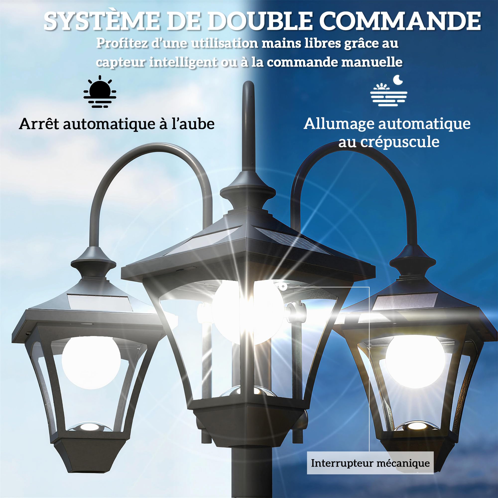 Outsunny Lampadaire Extérieur sur Pied à 3 Têtes, Éclairage LED, Noir