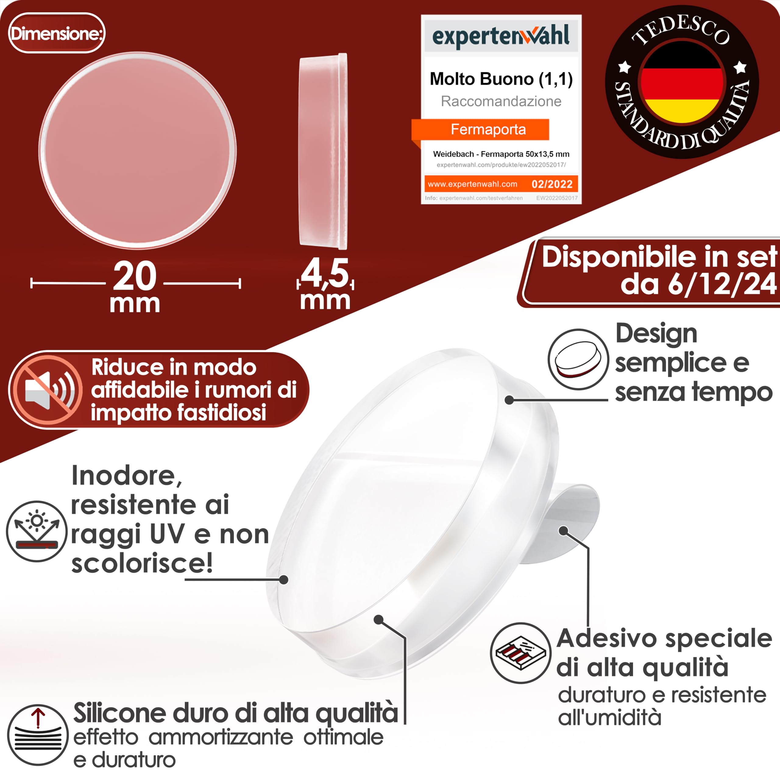 WEIDEBACH® 12x discreto fermaporta maniglia trasparente, paracolpi autoadesivi 20x5 mm, proteggi muro da sedie, gommini per bagno, superfici in vetro, pareti.