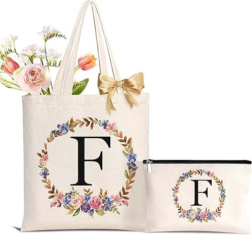 AUNOOL Bolsa de lona floral con inicial, 2 bolsillos, bolsa de regalo de boda personalizada para mujeres damas de honor, bolsa de maquillaje