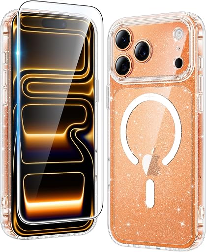 FNTCASE for iPhone 17 Pro Case: Clear Magnetic Phone Cases Compatible with Magsafe Slim Anti Yellowing Military Grade Drop Protection Rugged Protective Transparent Cell Cover (B-Glitter Magnetic)
