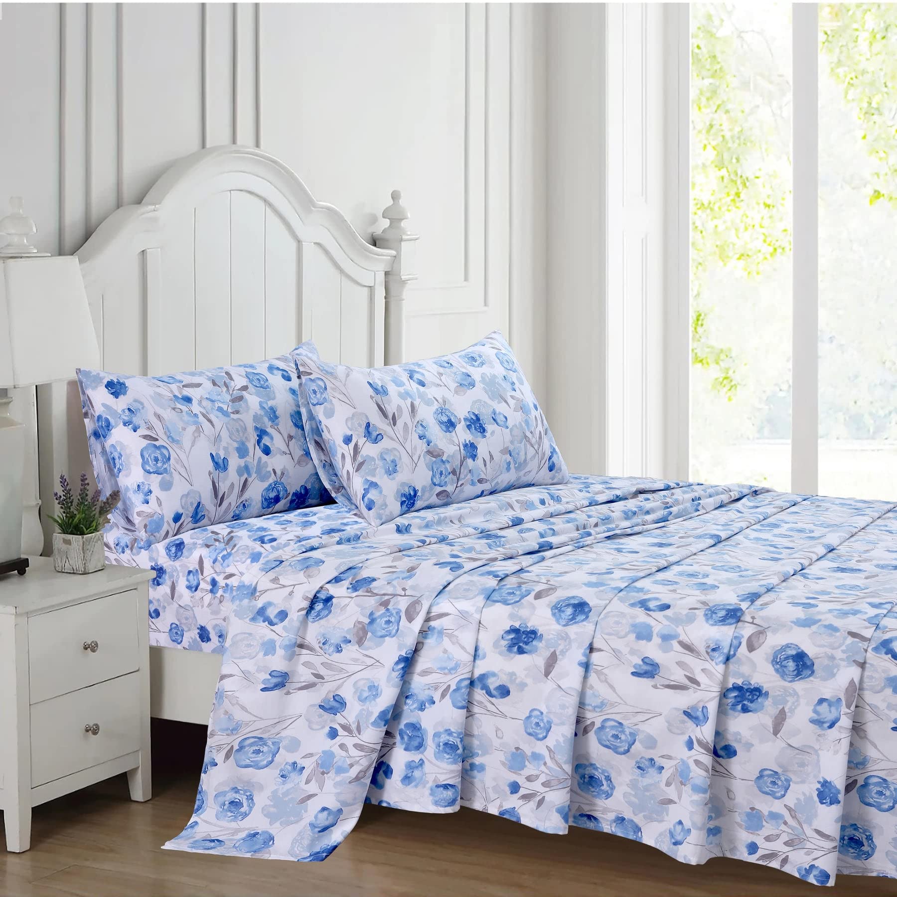 TULIPS TC-200 Rich Cotton Blend King Size Bed Sheet with 2 Pillow Covers- JESICCA BLUE