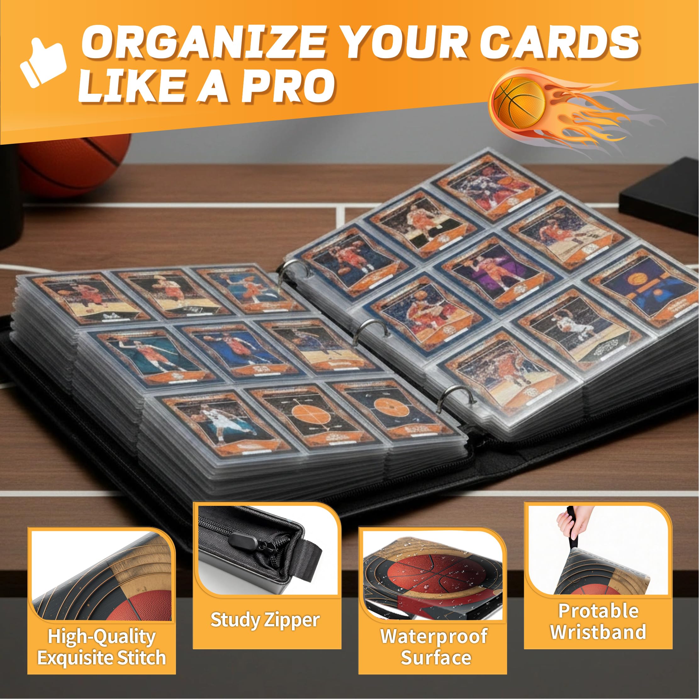 XS01 Classeur pour cartes de basket-ball avec pochettes, 9 poches, protecteur de cartes portable avec fermeture éclair, peut contenir 900 cartes avec 50 pochettes amovibles, étui de transport pour