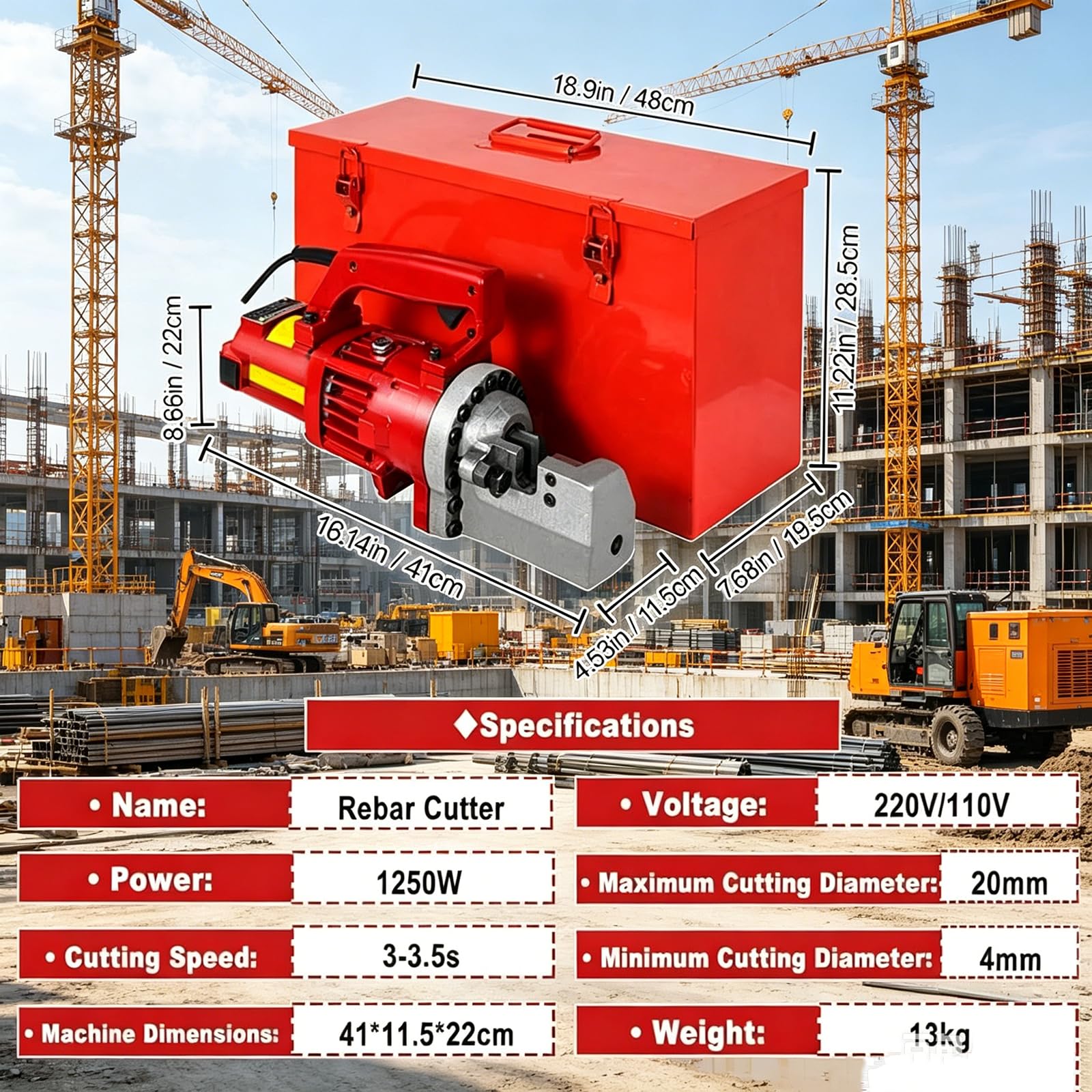 Cortadora Varillas Hidráulica Eléctrica 1250 W, Capacidad De Corte De 4 A 20 Mm, Herramienta Portátil para Corte De Barras De Hierro En Construcción De Hormigón