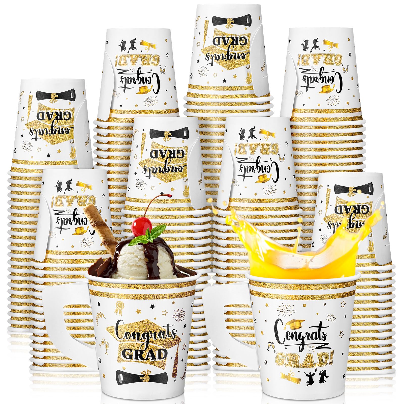 Maxcheck 75 Pcs Graduation Decorations 7 oz Ice Cream Paper Cups with Handles Bulk Congrats Grad Disposable Class of 2025 Cold Chocolate Beverage Tea