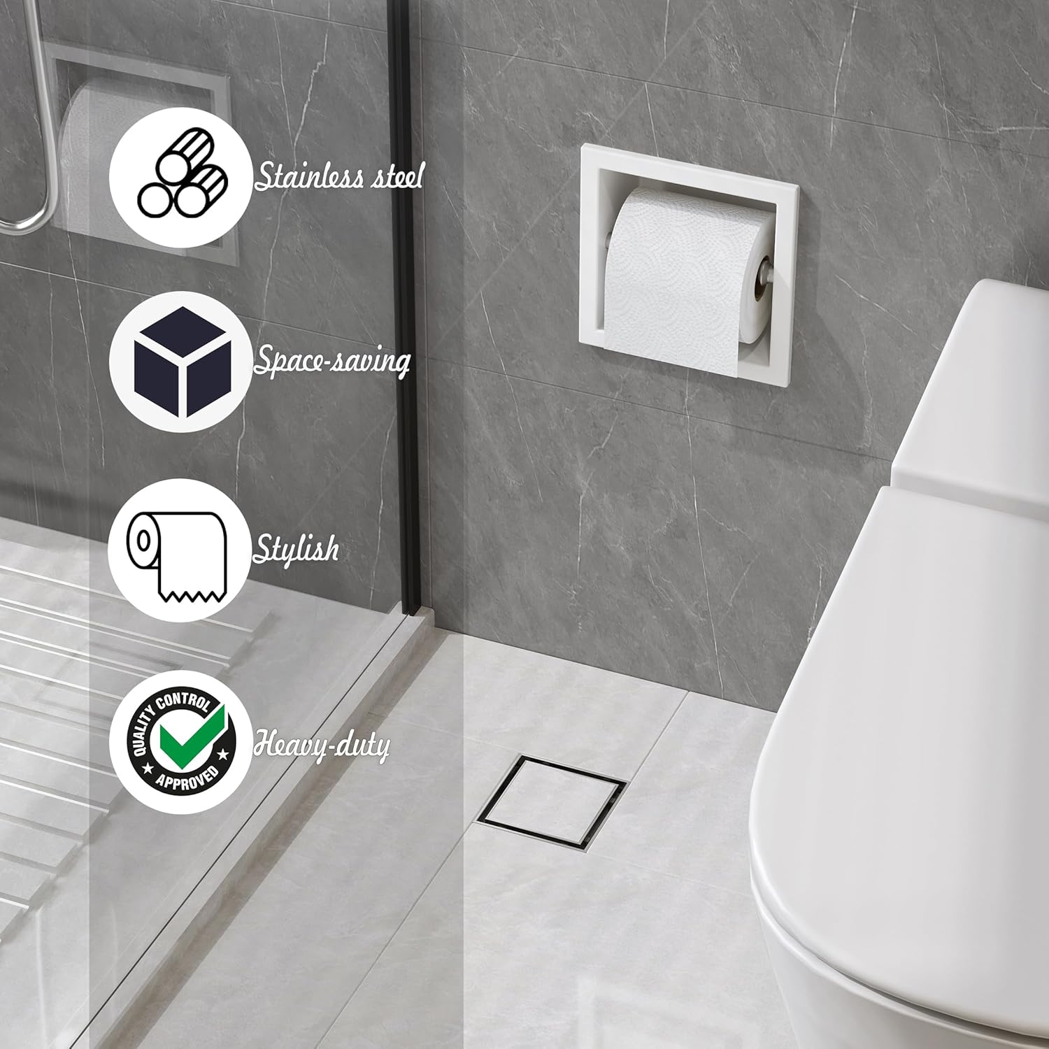 Neodrain Recessed Toilet Paper Holder, White Stainless Steel Built-in Tissue Paper Roll Holder, Roll Paper Holder for Bathroom Wall