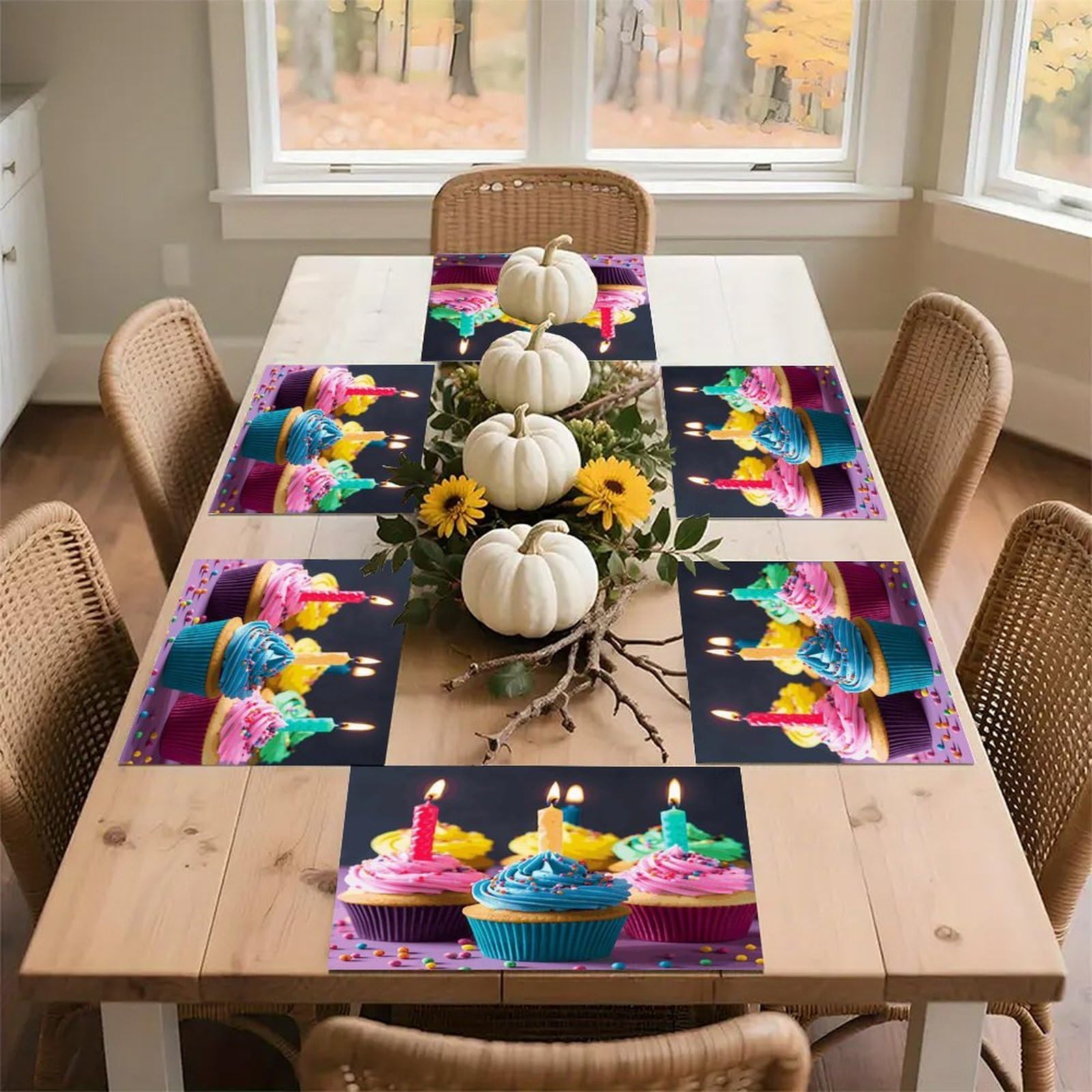 Colorful Happy Birthday Cupcakes Placemats Heat-Resistant Washable Place Mats Anti Slip Dining Table Place Mats Wipeable Dining Table Mats Kitchen Decoration Placemats 17.7’’×11.8’’