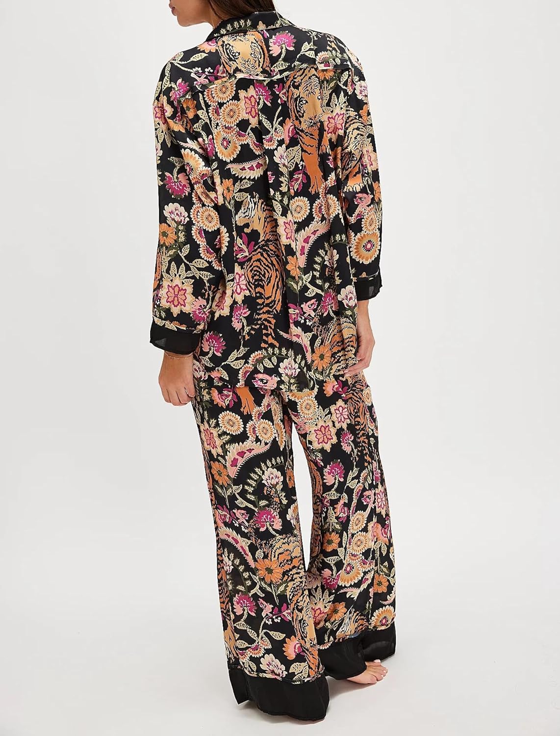 Women Floral Satin Pajama Set Y2k Long Sleeve Button down Shirt Wide Leg Pants 2 Piece Silk Lounge Sleepwear - Image 6