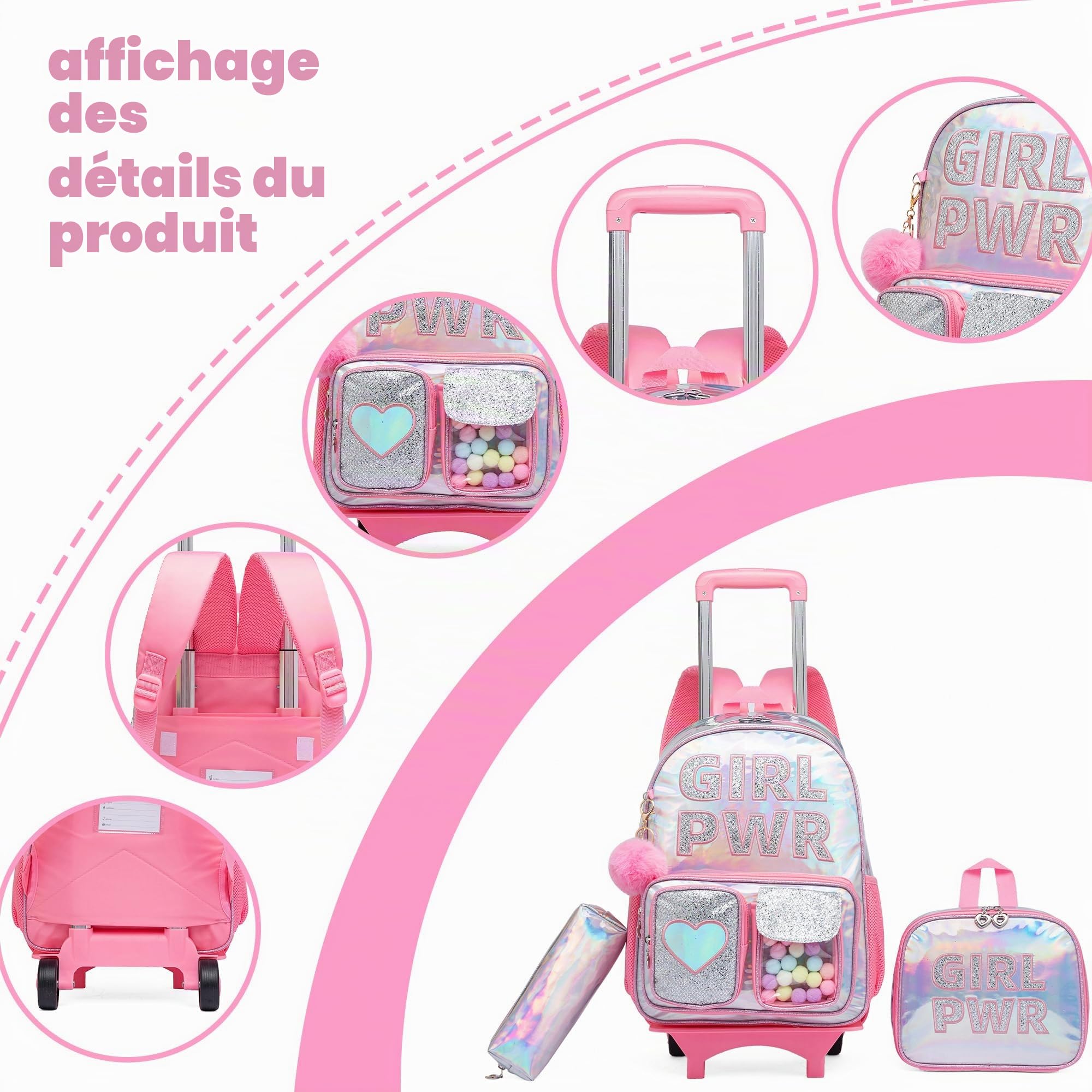 HTgroce Cartable a Roulette Fille Sac a Dos Roulette Fille Sac à Lunch et étui à Crayons Inclus cp,ce1,ce2