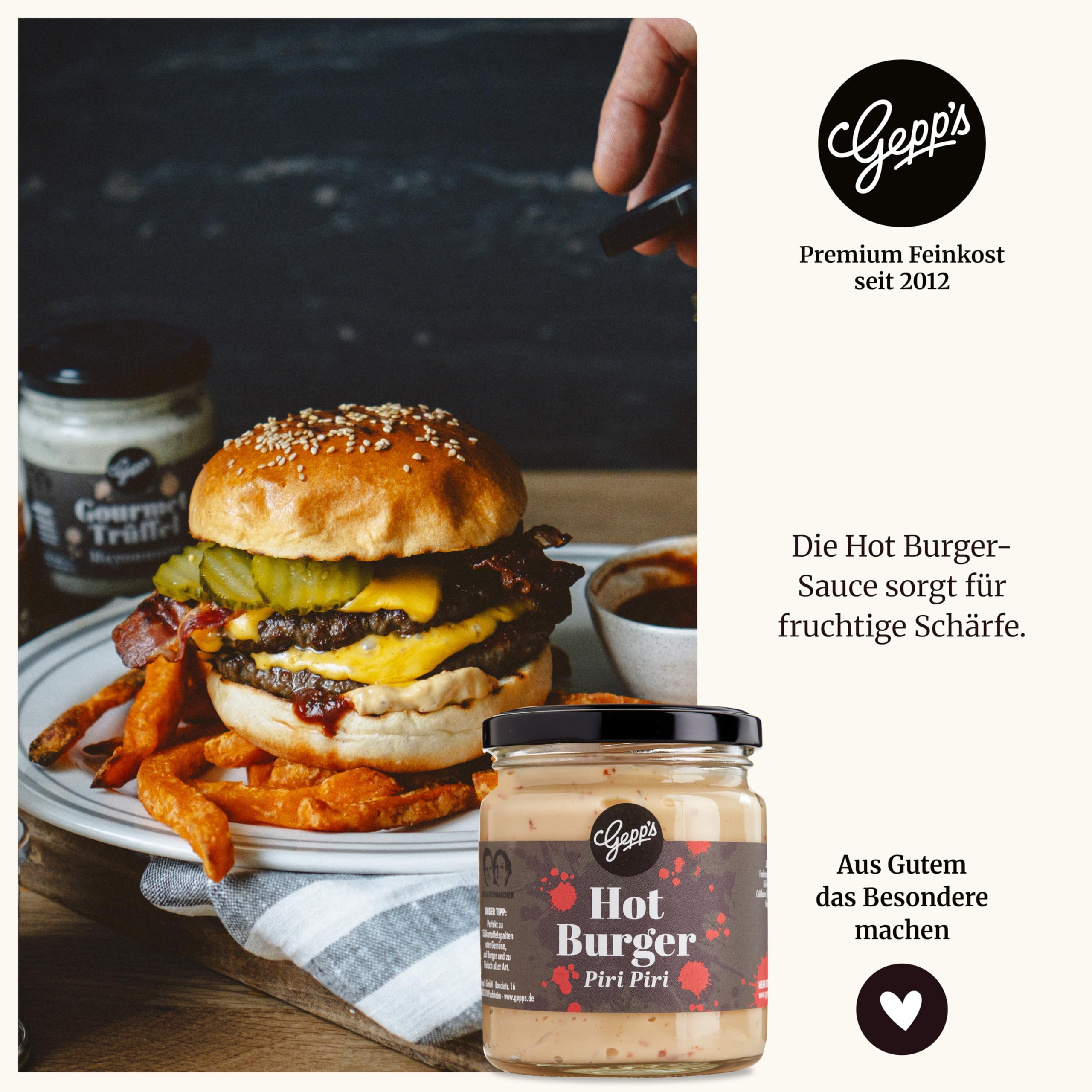 Gepp’s Feinkost Burgerbox Geschenkset mit Grill- und BBQ-Saucen, Texas BBQ Rub und Brioche