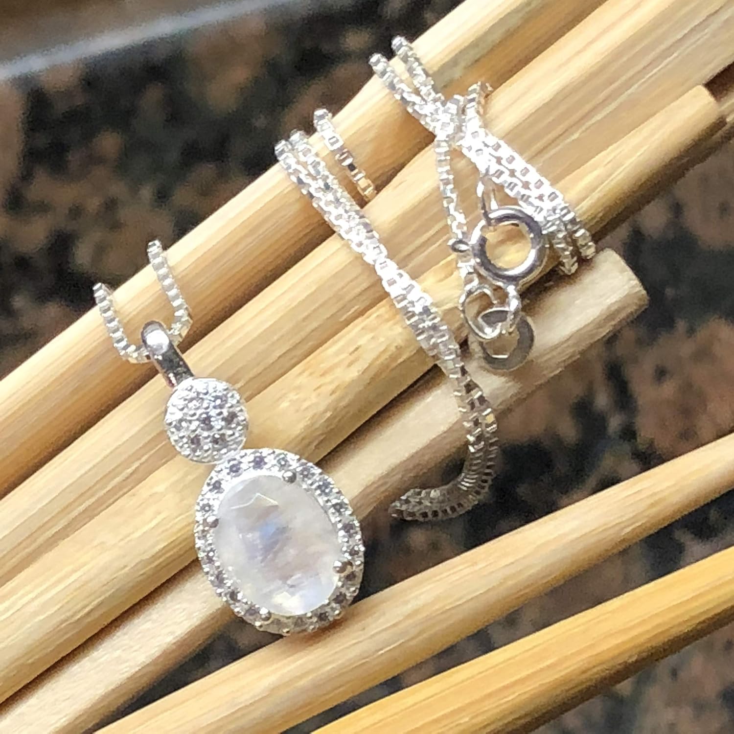 Genuine Rainbow Moonstone 925 Solid Sterling Silver Pendant Necklace 16" - Image 7