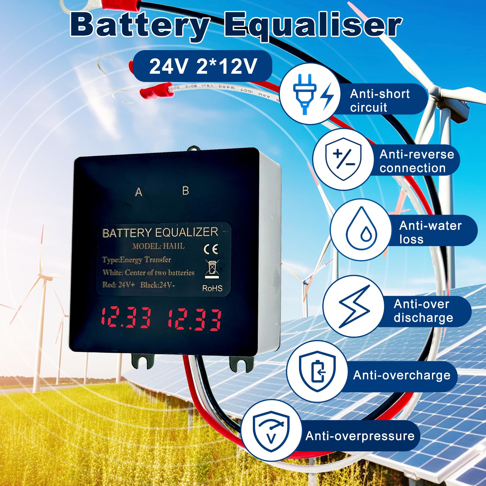 Equalizzatore Batteria 24V, 2 x 12V Batterie Balancer Bilanciatore Batteria Display Digitale Equalizzatore Batteria Bilanciatore con Display LED per Batteria al Litio Piombo Acido