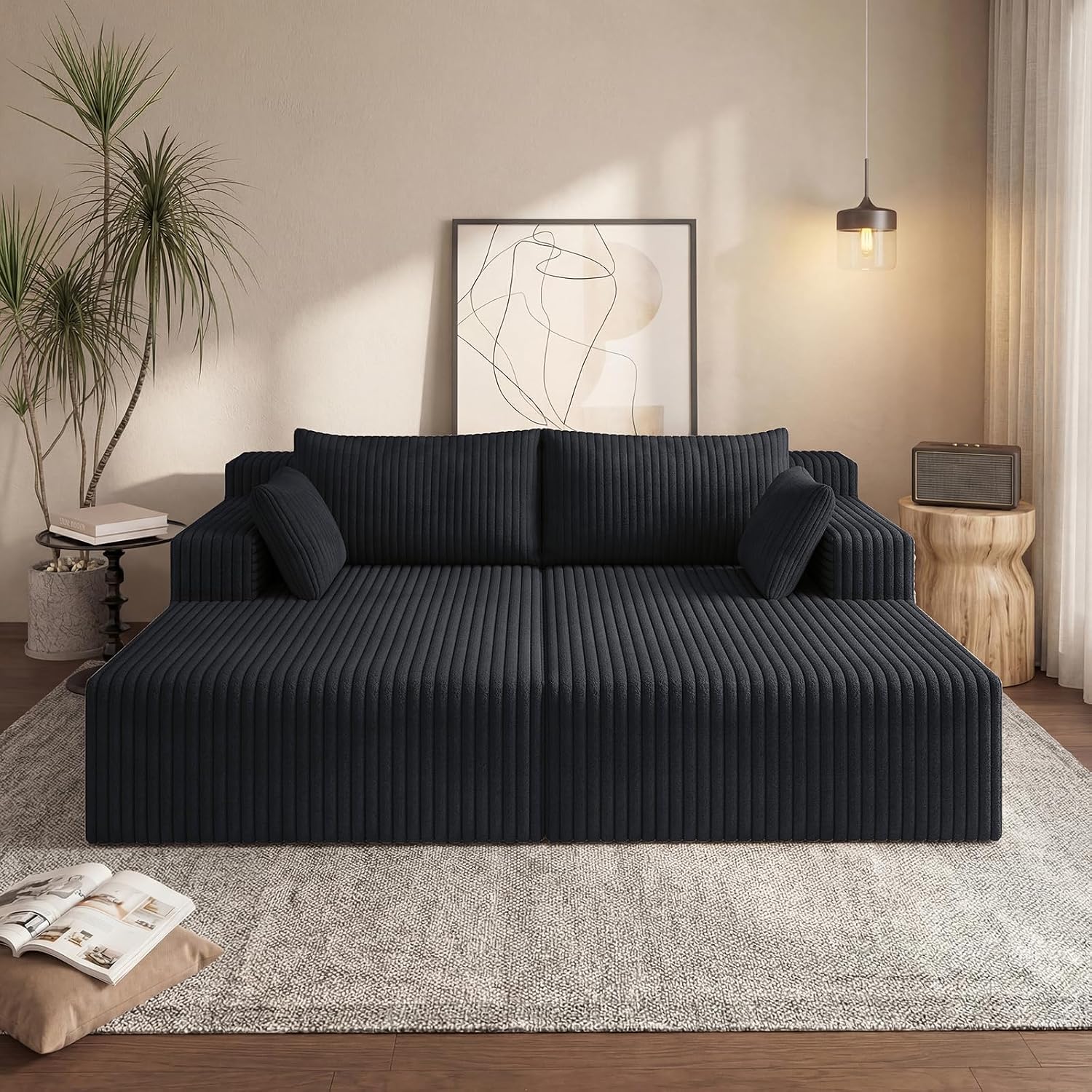 Boneless Oversized Chaise Lounge Sofa Chair, 71" Corduroy Sleeper Bed Indoor with 4 Pillows, Comfy Compressed Cloud Couch Upholstered Floor Sofa Bed for Living Room Office Apartment (Antique Black)