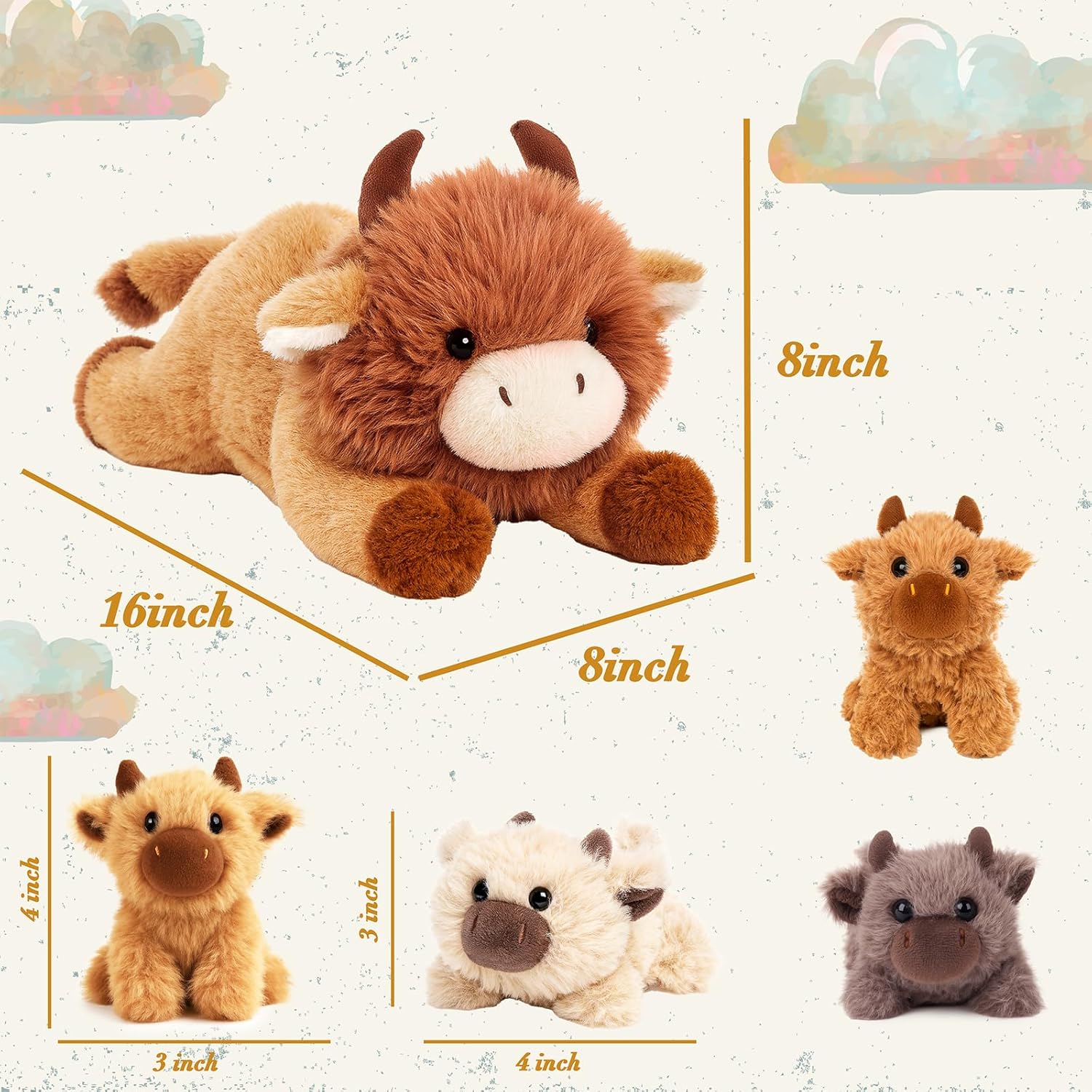 Easfan 5PCS Highland Cow Stuffed Animal 16" Lying Mommy Cow with 4 Baby Cows Inside,Realistic Fluffy Scottish Plushie for Baby Girls, Boys, Toddlers & Kids - Image 4