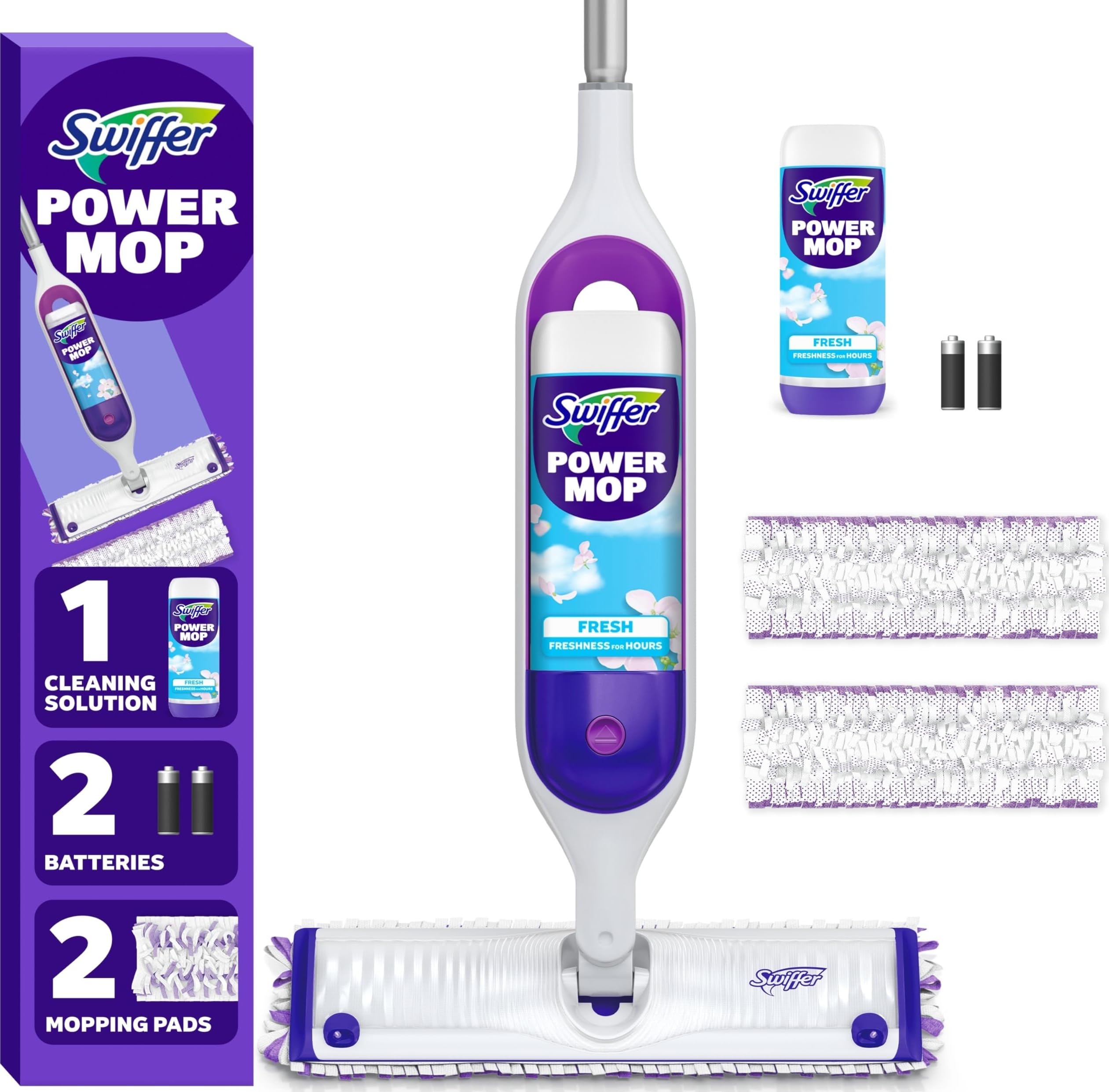 Swiffer PowerMop Mopping Kit for Floor Cleaning, Set Includes 1 Power Mop, 2 Replacement Pads, 1 Liquid Solution Refill, 2 Batteries, No Bucket Needed Electric Spray Cleaner, Multi-Surface and Wood