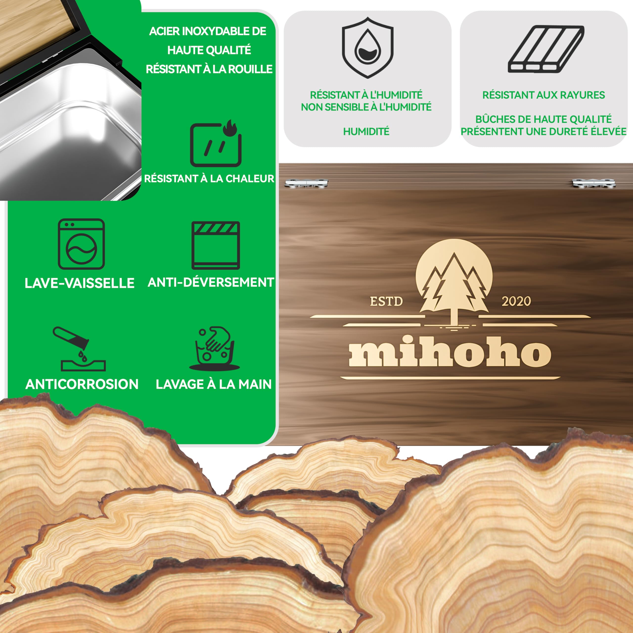 Poubelle de Cuisine 4L Bois véritable Acier Inoxydable Anti-odeurs pour déchets Alimentaires avec récipient intérieur Amovible Noyer