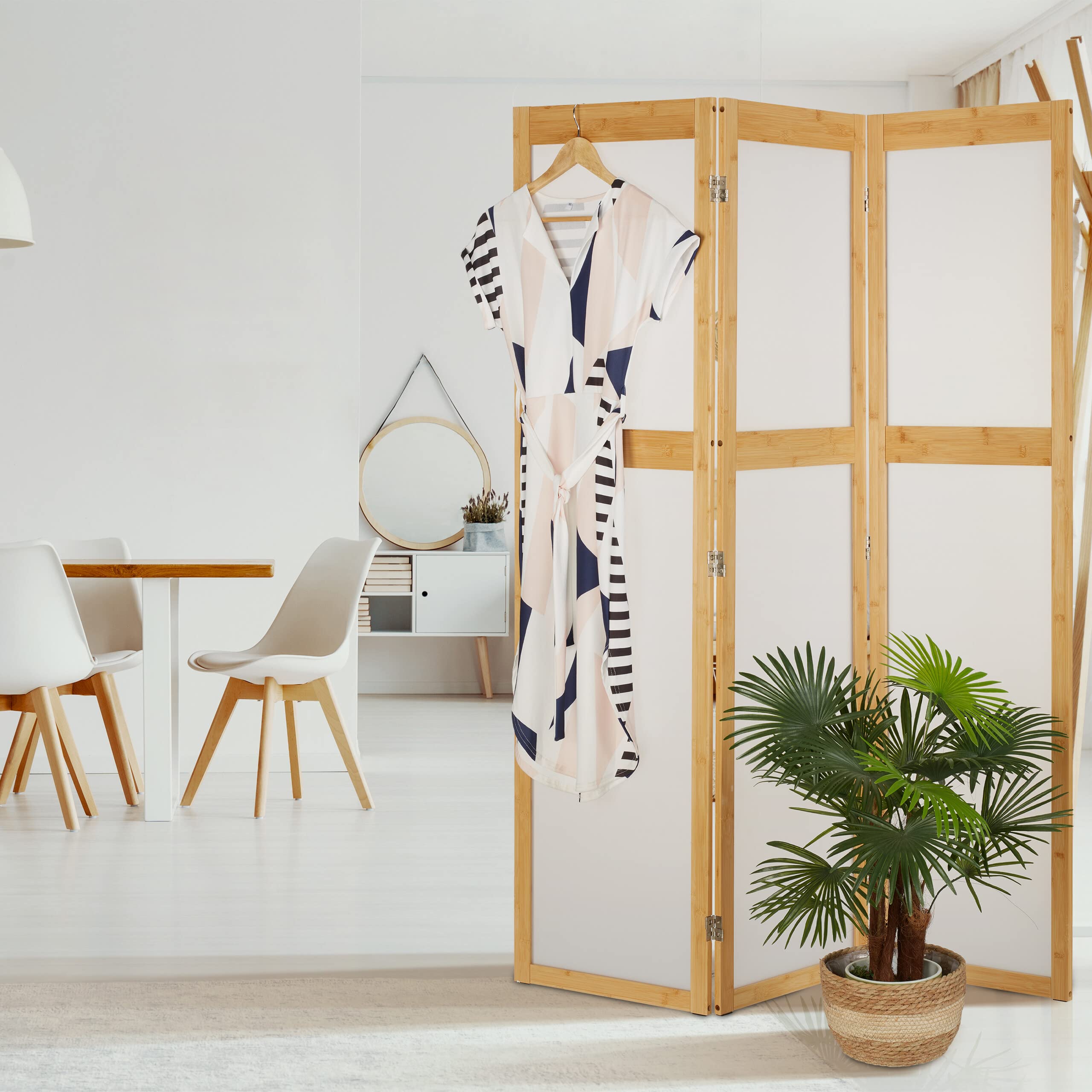 Relaxdays Biombo 3 Paneles Plástico y Bambú, Divisor Espacios Plegable, 168x135,5 cm, Tabique Interior, Natural y Blanco